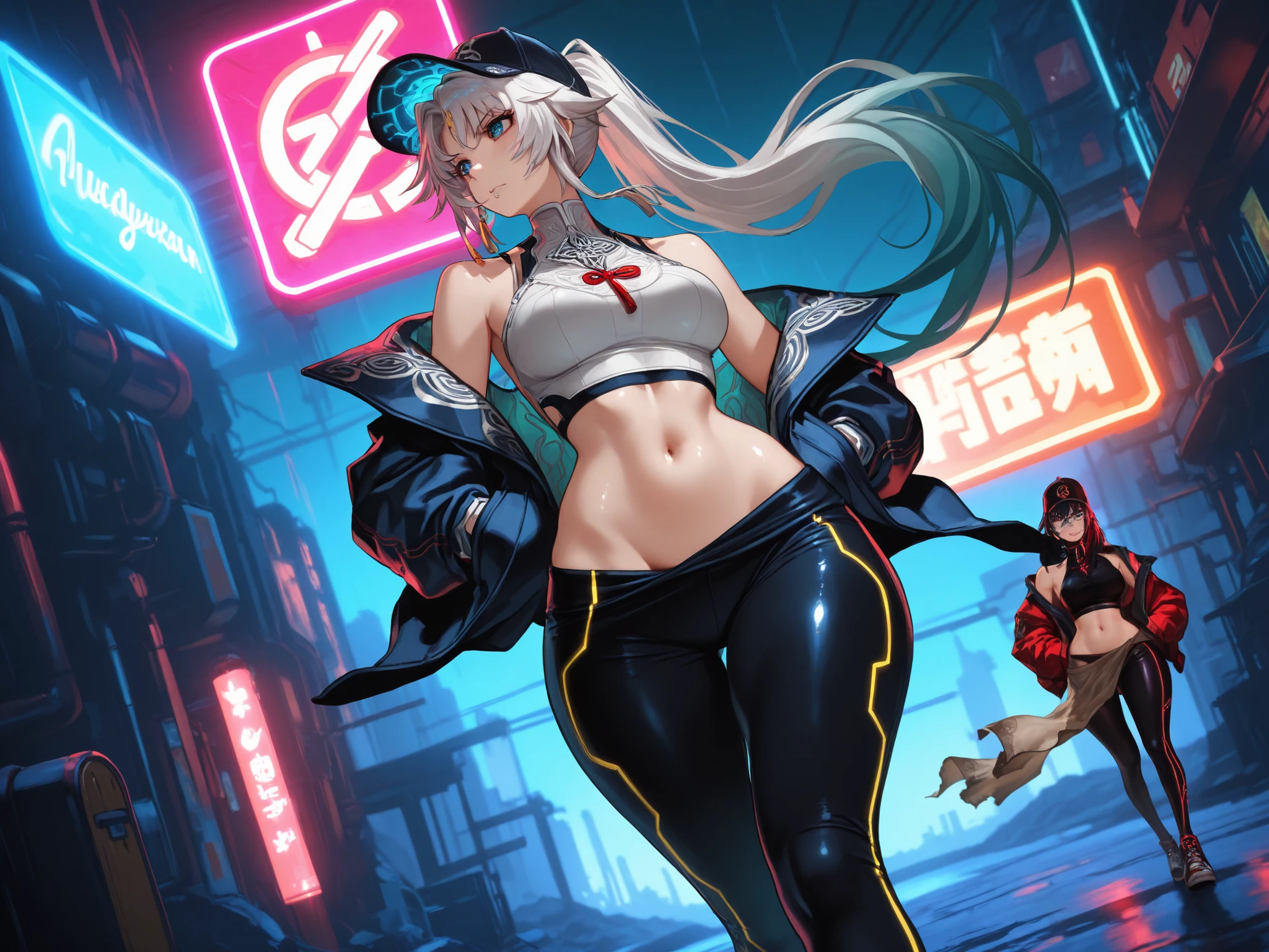 Feixiao, white hair, masterpiece, mejor calidad, vibrant, very aesthetic, High contrast, semrealista, newest,
landscape, Neon border light , 1girl, medium breasts, wide hips, huge butt, thick thighs, negro (low leg:1.3) leggings, White shirt with crop top cut, (Neon braces:1.2), Dark blue open jacket, bare shoulder clothing, gunman,from below, dutch angle, shiny Oscura eyes,looking the other way, hands in jacket pockets, oversized baseball cap, gum, facial focus, emphasis on fine cloth, dynamic pose when walking, Twisted pose, head tilting, navel, wide throw , shiny skin, cyberpunk, REST, eyes, detailed eyes, masterpiece, mejor calidad, amazing quality, very aesthetic, high resolution, ultra detailed, absurdres, newest, landscape, depth of field, volumetric lighting