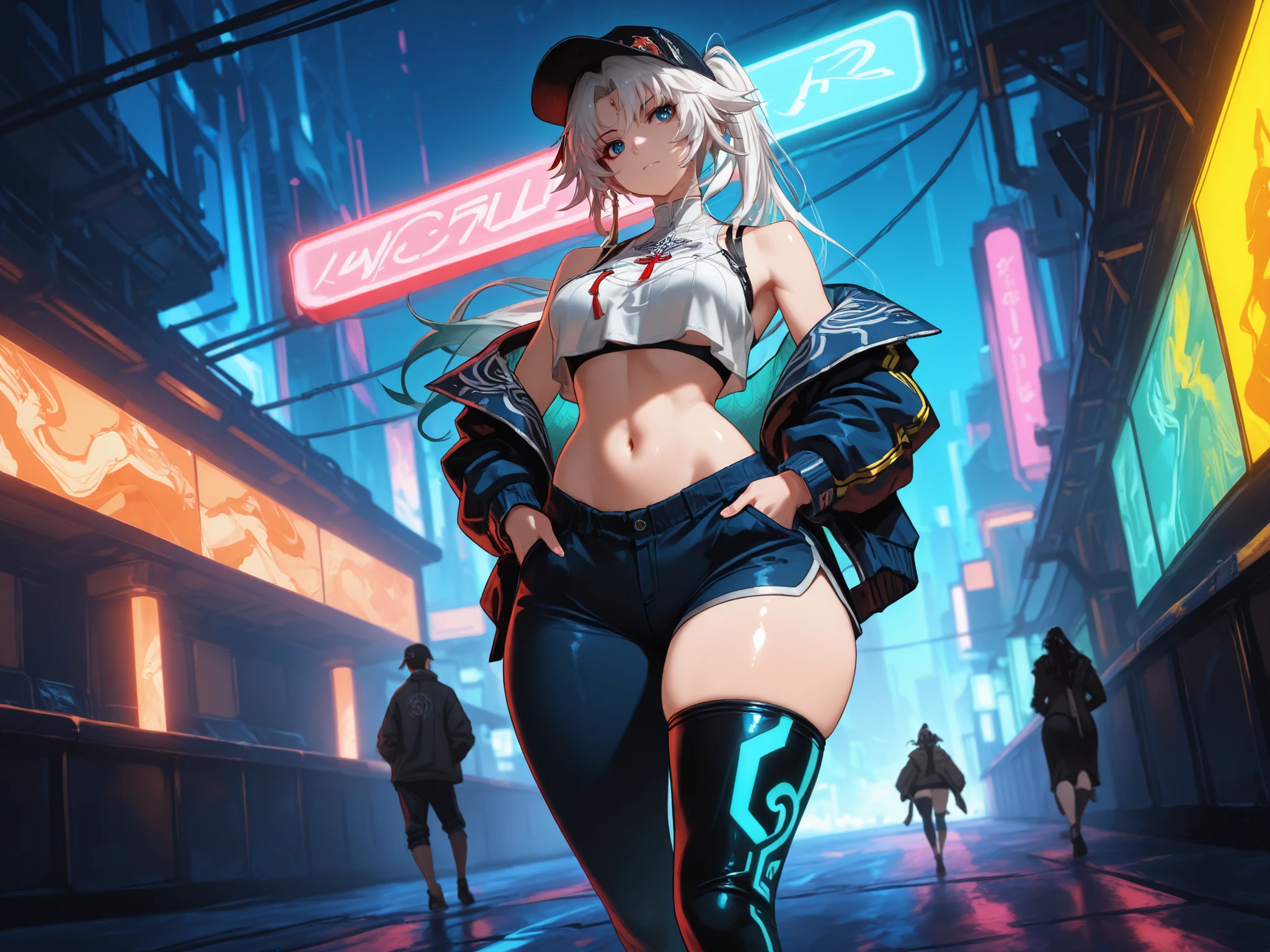 Feixiao, white hair, masterpiece, mejor calidad, vibrant, very aesthetic, High contrast, semrealista, newest,
landscape, Neon border light , 1girl, medium breasts, wide hips, huge butt, thick thighs, negro (low leg:1.3) leggings, White shirt with crop top cut, (Neon braces:1.2), Dark blue open jacket, bare shoulder clothing, gunman,from below, dutch angle, shiny Oscura eyes,looking the other way, hands in jacket pockets, oversized baseball cap, gum, facial focus, emphasis on fine cloth, dynamic pose when walking, Twisted pose, head tilting, navel, wide throw , shiny skin, cyberpunk, REST, eyes, detailed eyes, masterpiece, mejor calidad, amazing quality, very aesthetic, high resolution, ultra detailed, absurdres, newest, landscape, depth of field, volumetric lighting