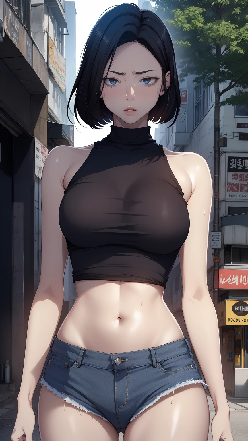 (A captivating beauty in a miniskirt)、(poses seductively)、(with a lighthouse as the backdrop:1.5)、(Big-breasted woman wearing a crop shirt) This enchanting image features a woman in a miniskirt who exudes confidence as she poses seductively against the backdrop of a towering (lighthouse:1.5). The big-breasted beauty dons a crop shirt that leaves little to the imagination, accentuating her curvaceous figure. (The lighthouse stands proudly in the background:1.5), casting an ethereal glow over the scene, while the woman's radiant smile captivates the viewer's attention, huge nipples under shirts