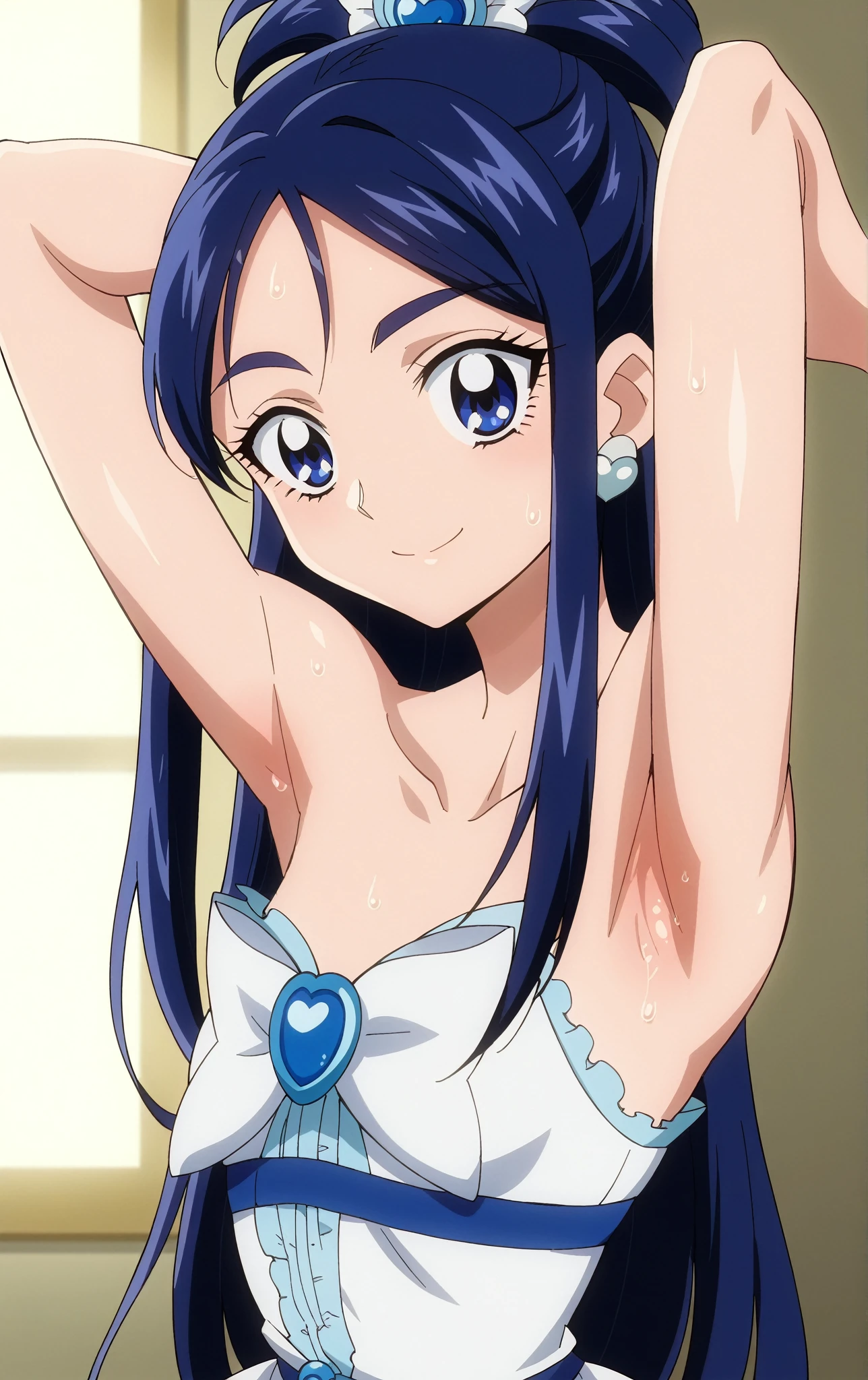 anime artwork, absurdres, highres, , ultra-detailed, beautiful face, high quality, skin, official art,, small breast, sexy, simplistic,plain, 1girl, anime art style, hair between eyes, underwear only, underwear, panties, bra , navel, sitting on bed, ,1girl, umi, blue hair, yellow eyes, small breast, long hair, , petite, standing, (full body:0.7), indoors, knee highs, ll, smile, sonoda umi, umi sonoda, /(love live series/),