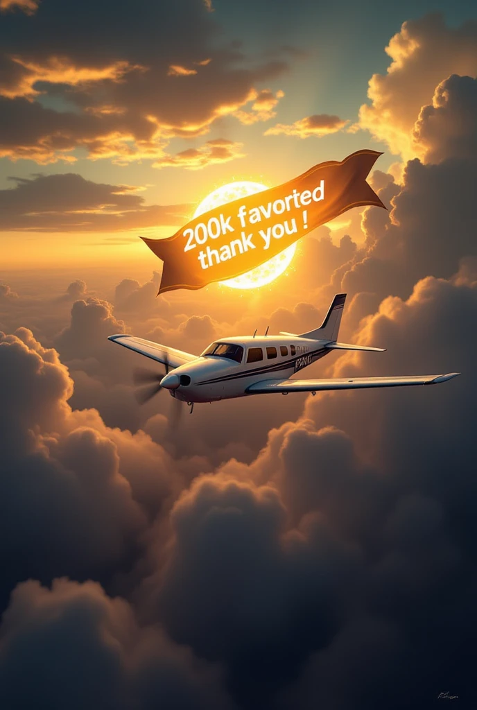 ((top quality、masterpiece、high sensitivity、Hi-Res、Detailed Description、Ｆvalue：6.0)),lenses {x} advanced digital art、the Cessna plane is flying through the sky、There is a dusk ball on the back of the Cessna、That smoldering ball broke、the banner came out、the characters written on the banner「200k Favorited Thank you!」cumulonimbus clouds are visible in the distance、the letters on the banner are clearly visible、