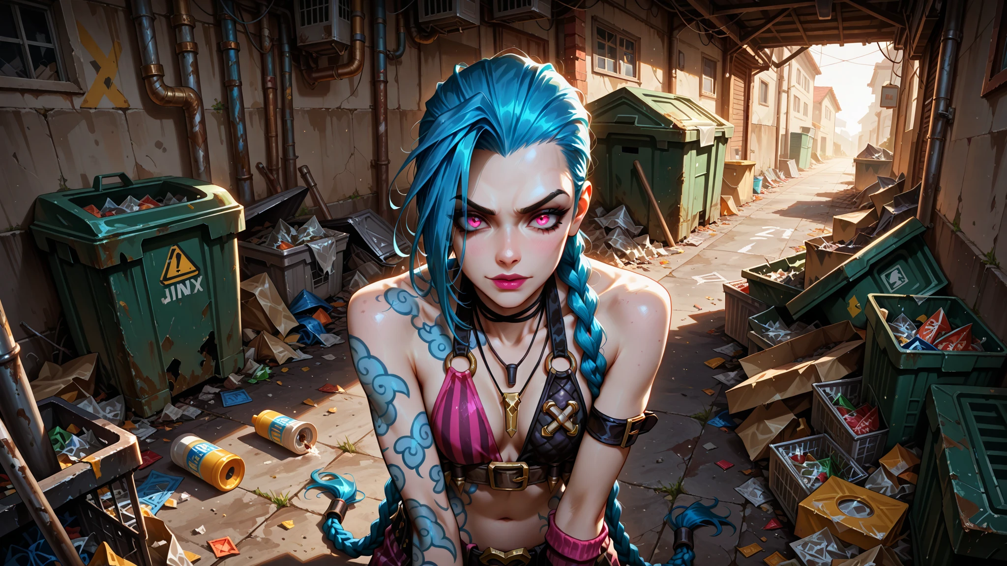 Arafed Mujer con cabello azul y tatuajes en una playa, Jinx de Arcane, Jinx de League of Legends, Retrato de Jinx de Arcane, deviantart artstation cgscosiety, Renderizado 3D de arte de personajes 8 k, Ganador del concurso Artstation, pifia, Anime estilo 3D, Ganador del concurso CGSOCIETY!!, Modelo IG | Artgerm, Jinx arcano