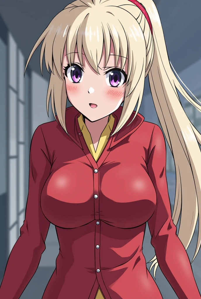 (masterpiece) (((((Highest quality))))((high resolution))))), Very detailed, Ultra-realistic, 、、、((((The background is a city))))、、(Big Breasts)、、Around town、building、tourist、、Embarrassed.、Blonde、Red Eye、Long Hair、solo