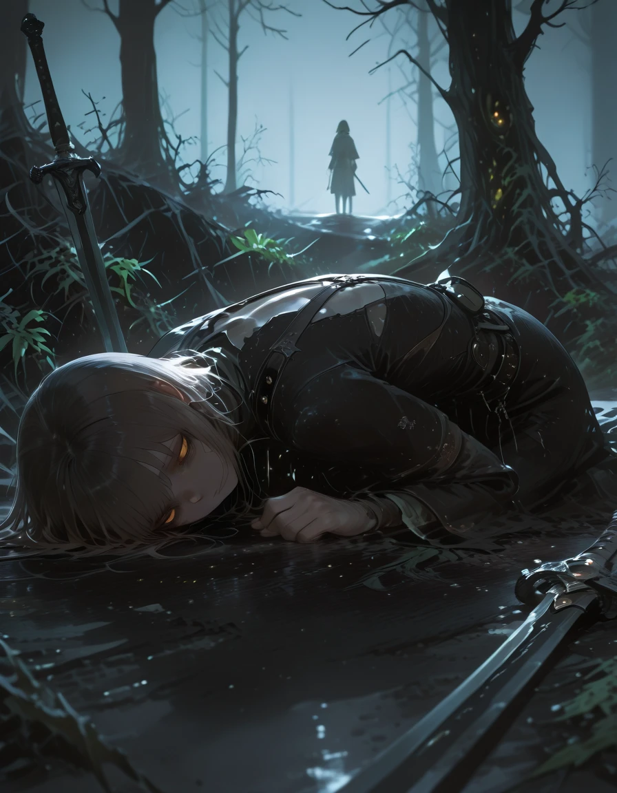 "high resolution, image of a dead elf lying on the ground of a battlefield. The elf has long, dark hair, tangled and dirty with blood and dirt. Your eyes are open, looking up at the sky with a blank and sad expression. Pale skin contrasts with his finely crafted armor., that is broken and covered in blood. A broken sword is embedded in his abdomen, the cause of his death evident. Around her, pieces of arrows, a fallen dagger, and bloodstains scattered. The ground is a mixture of dirt and grass, with battle marks all over. Ao fundo, shadows of destroyed trees and a dense fog that covers the battlefield."
