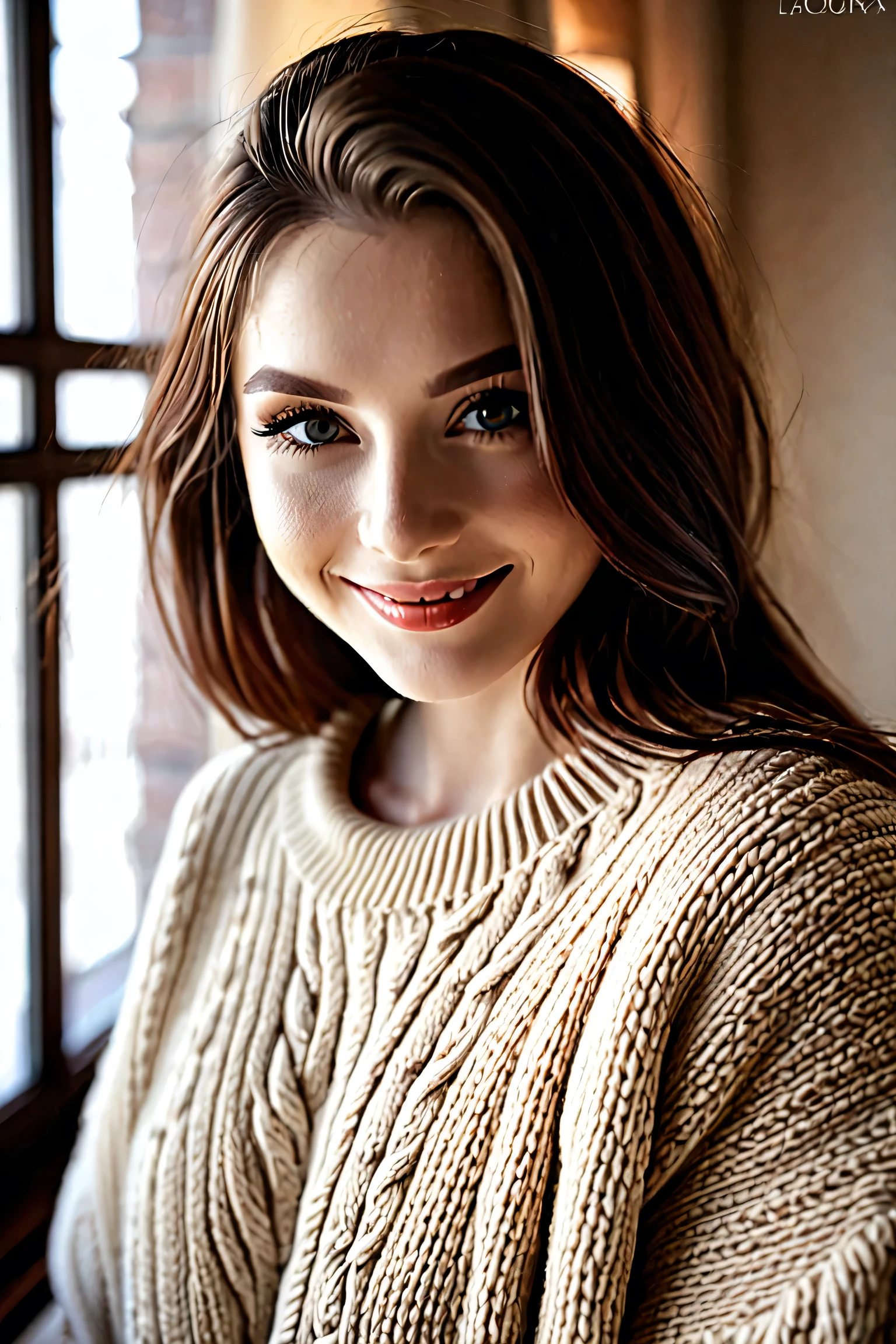 RAW photo, (masterpiece:1.3), @Alisa_Volkova looking at camera, 
porcelain skin texture, natural shadows under eyes, 
oversized beige knit sweater, soft window light, 
shallow depth of field, Leica Summicron 50mm f/1.4
Negative: deformed, anime, makeup, smiling, perfect skin