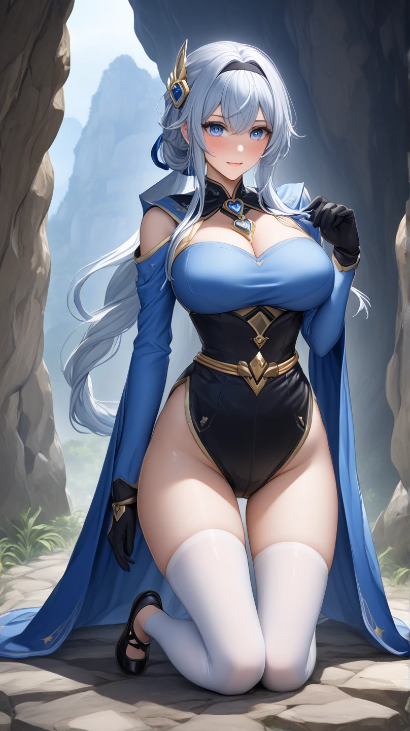 milf, 30 years old, (highres, masterpiece:1.2), white hair, robe, grey robe, huge breasts, thick thighs, standing, pelvic curtain, thighhighs, v-neck, strapless dress, blue eyes, expressionless, long hair, (layered dress, elaborate clothing, detailed clothing, detailed dress), ponytail, snow, forest in background, blue dress, cape, sword, holding sword, holding weapon, combat pose, battle pose, (armor)