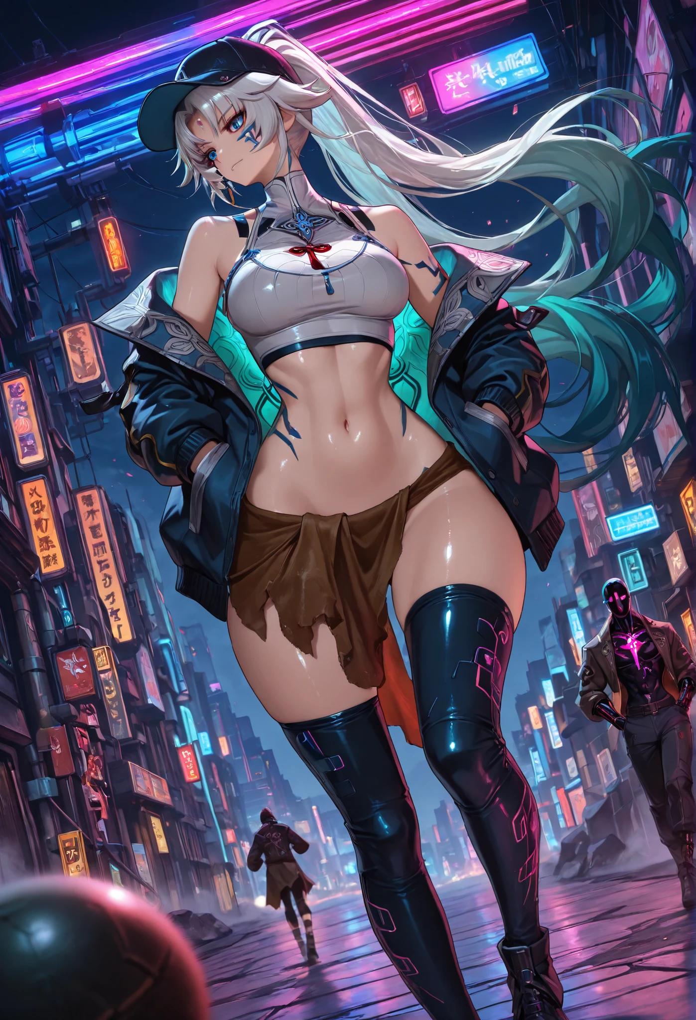 Feixiao, white hair, masterpiece, mejor calidad, vibrant, very aesthetic, High contrast, semrealista, newest,
landscape, Neon border light , 1girl, medium breasts, wide hips, huge butt, thick thighs, negro (low leg:1.3) leggings, White shirt with crop top cut, (Neon braces:1.2), Dark blue open jacket, bare shoulder clothing, gunman,from below, dutch angle, shiny Oscura eyes,looking the other way, hands in jacket pockets, oversized baseball cap, gum, facial focus, emphasis on fine cloth, dynamic pose when walking, Twisted pose, head tilting, navel, wide throw , shiny skin, cyberpunk, REST, eyes, detailed eyes, masterpiece, mejor calidad, amazing quality, very aesthetic, high resolution, ultra detailed, absurdres, newest, landscape, depth of field, volumetric lighting