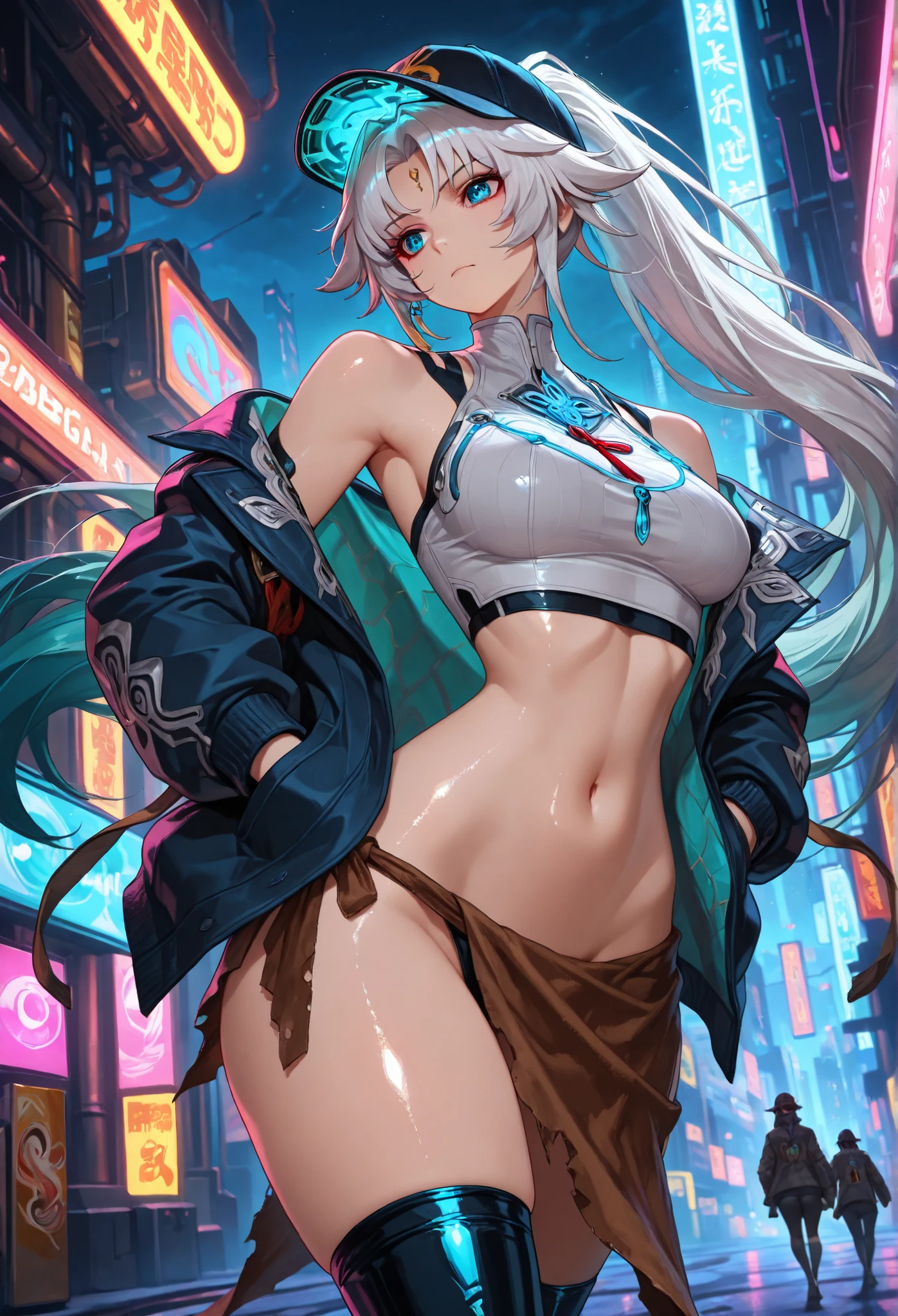 Feixiao, white hair, masterpiece, mejor calidad, vibrant, very aesthetic, High contrast, semrealista, newest,
landscape, Neon border light , 1girl, medium breasts, wide hips, huge butt, thick thighs, negro (low leg:1.3) leggings, White shirt with crop top cut, (Neon braces:1.2), Dark blue open jacket, bare shoulder clothing, gunman,from below, dutch angle, shiny Oscura eyes,looking the other way, hands in jacket pockets, oversized baseball cap, gum, facial focus, emphasis on fine cloth, dynamic pose when walking, Twisted pose, head tilting, navel, wide throw , shiny skin, cyberpunk, REST, eyes, detailed eyes, masterpiece, mejor calidad, amazing quality, very aesthetic, high resolution, ultra detailed, absurdres, newest, landscape, depth of field, volumetric lighting