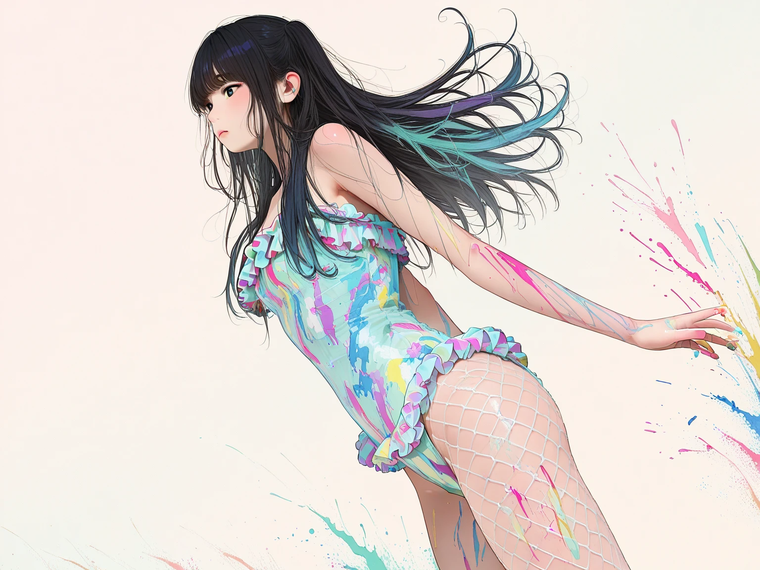 Chinese ink freehand painting, washed melting ink with color technique, splashed ink splash shape, bold use of color, abstract, surreal, beautiful kawaii fashion woman, abstract and blurred shapes and brushstrokes, tight exposed navel clothes, fantasy hourglass body shape, super giant breasts, thick legs, thin waist, happy and smiling, modern city background, complex gradient of water and ink, the picture shows modernization, passion, love, erotic