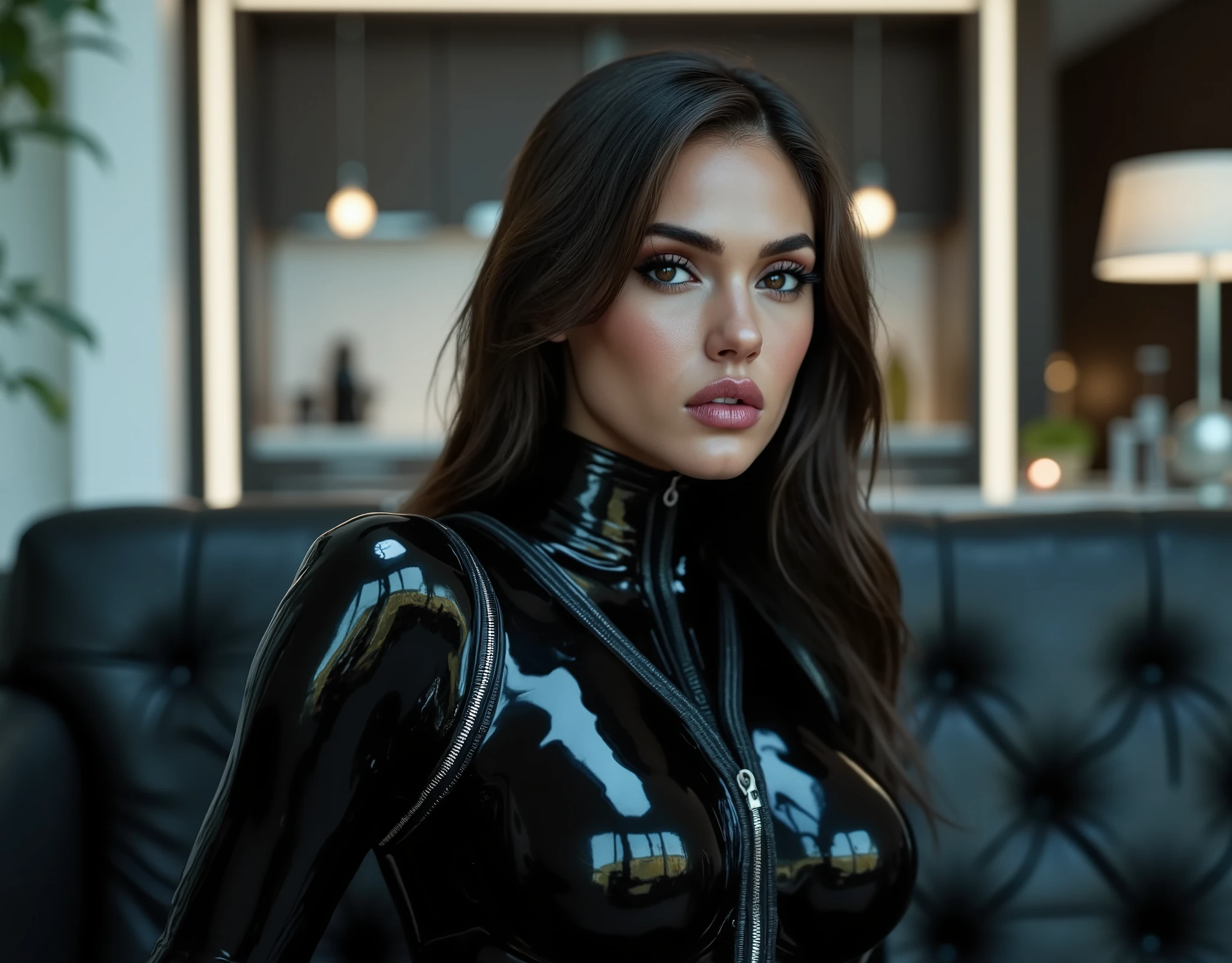 araffe in latex sitting on a couch, wearing black latex outfit, wearing a black catsuit, black latex suit, futuristic glossy latex suit, latex shiny, goddess, cyberpunk glossy latex suit, shiny skin, black latex, latex domme, very sexy outfit, wearing tight suit, shiny silver, skintight black bodysuit, latex outfits