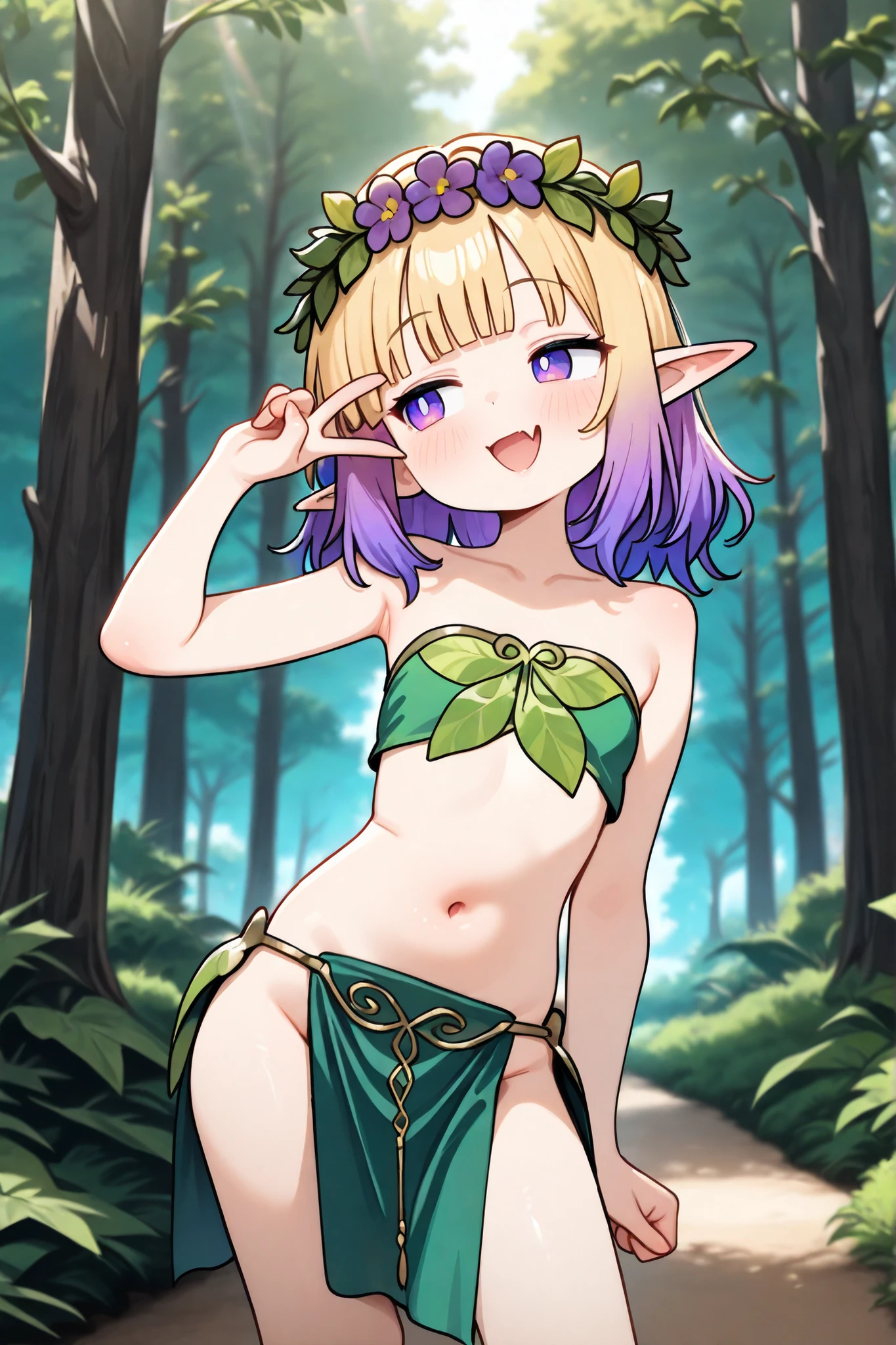 nude, naked, loli, flat chest, outside, blowing a kiss, winking, smiling, daylight, short, small, pointy ears, elf ears