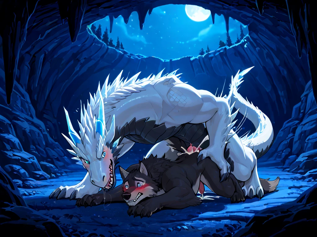 full shot. (full shot), full shot, long shot, establishing shot, charming scene, full scene, view of environment, characters in environment, white hair, two boys with white hair, two times white hair, fellatio, blowjob, suck penis, penis in mouth, oral sex, FELLATIO, face fucking, two anthro male white tigers with dark blue stripes, white hair, side view, from side, fellatio, ballsdeep in mouth, balls deep in mouth, oral sex, blowjob, suck dick, suck penis, a boy crawling on all fours in front of a sitting boy, a boy with closed eyes sitting on a rock, a boy sitting on a rock, a boy crawling on all fours in front of a rock, a boy crawling on all fours through the water, half immersed in water, 2 boys, two boys, two males, duo, male male, ray tracing, bloom, lighting, reflections, high quality. two males, (Libido Boy, Shota), two times kogenta (Onmyou Taisenki), a duo of two anthro male white tigers with dark blue stripes who both look like kogenta (Onmyou Taisenki), (white body with dark blue stripes), kogenta (Onmyou Taisenki), gay, erect penis hanging in the air, yellow eyes, red eyes, jungle, river, roots. (dark, night, no lights, fairy lights, darkness, fireflies, blushing, drooling, moaning, cum, cum in mouth, cum dripping from mouth, neon penis, glowing neon penis, glowing penis, dark, night, no lights, light particles, flower petals, godrays, lightrays, glowing environment, sobbing, tears, hearts, thick penis, cum, cum in mouth, cumshot, excessive amounts of cum dripping down chin, blushing, drooling, screaming, crying, sobbing, pain), deepthroat, nj5furry