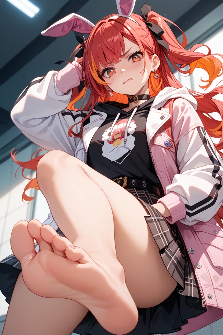 ((Best quality, 8k, Masterpiece :1.3)), 1girl, smiling, full body, slim face, Pretty woman, (pink hair),beige Knitted sweater:1.1, Ultra-detailed face, Detailed eyes, Double eyelid, blur background, slim face, city, outside, street,legs,foot,cameltoe,necklace,Sandals,