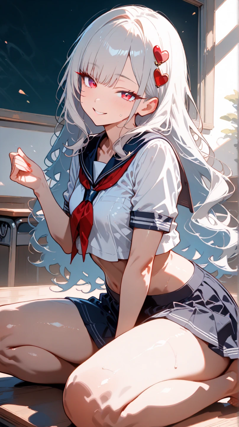 (((I want a woman with light skin, completely black eyes, long gray hair, body with slight curves, medium breasts, embarrassed face, wearing school clothes))), windy day, skirt caught wind, cute panties, camel toe, 