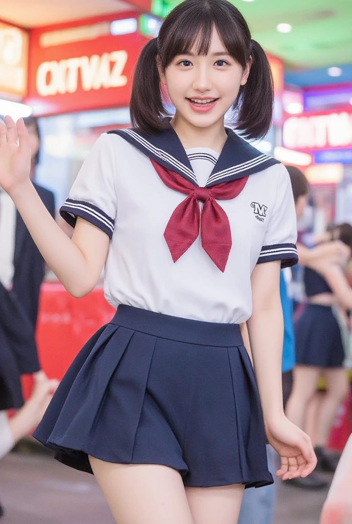 Masterpiece, Best-quality, RAW-photo, Ultra-High-Resolution, Photorealistic, 
(Anatomically correct, 16-years-old, photographer's lover, She truly loves photographer, baby face, cute face, Perfect body, slim waist and busty body, Slender legs, Large breast, Realistic skin, angle from below, Show your whole body style), 
((Wear White sailor uniform, long sleeves, navy frill mini skirt:1.3)), 
(maiko, Round face, Black hair, Moist eyes, Shining eyes, Short bob cut, Bangs, Down-slating eyebrows, one little earring, Light blush), 
(See photographer), 
(sensual smile, expression of sexual excitement, smile), 
(cafe), 
Natural lighting, full length