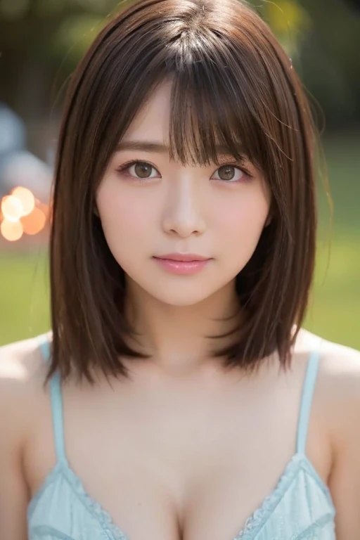 One Girl, (beautiful girl, Delicate girl:1.3), (18-year-old:1.3), break, (Plain T-shirt:1.2), break, (Small waterfall background:1.2), break, smile, Very beautiful eyes, (Symmetrical eyes:1.3), break, (Big Breasts:1.3), Brown eyes, Parted bangs, Brown bob cut hair, Round face, cute, break, (Eye and facial details:1.0), break, (masterpiece, Highest quality, Very detailed, Detailed face, 8k),Too much exposure