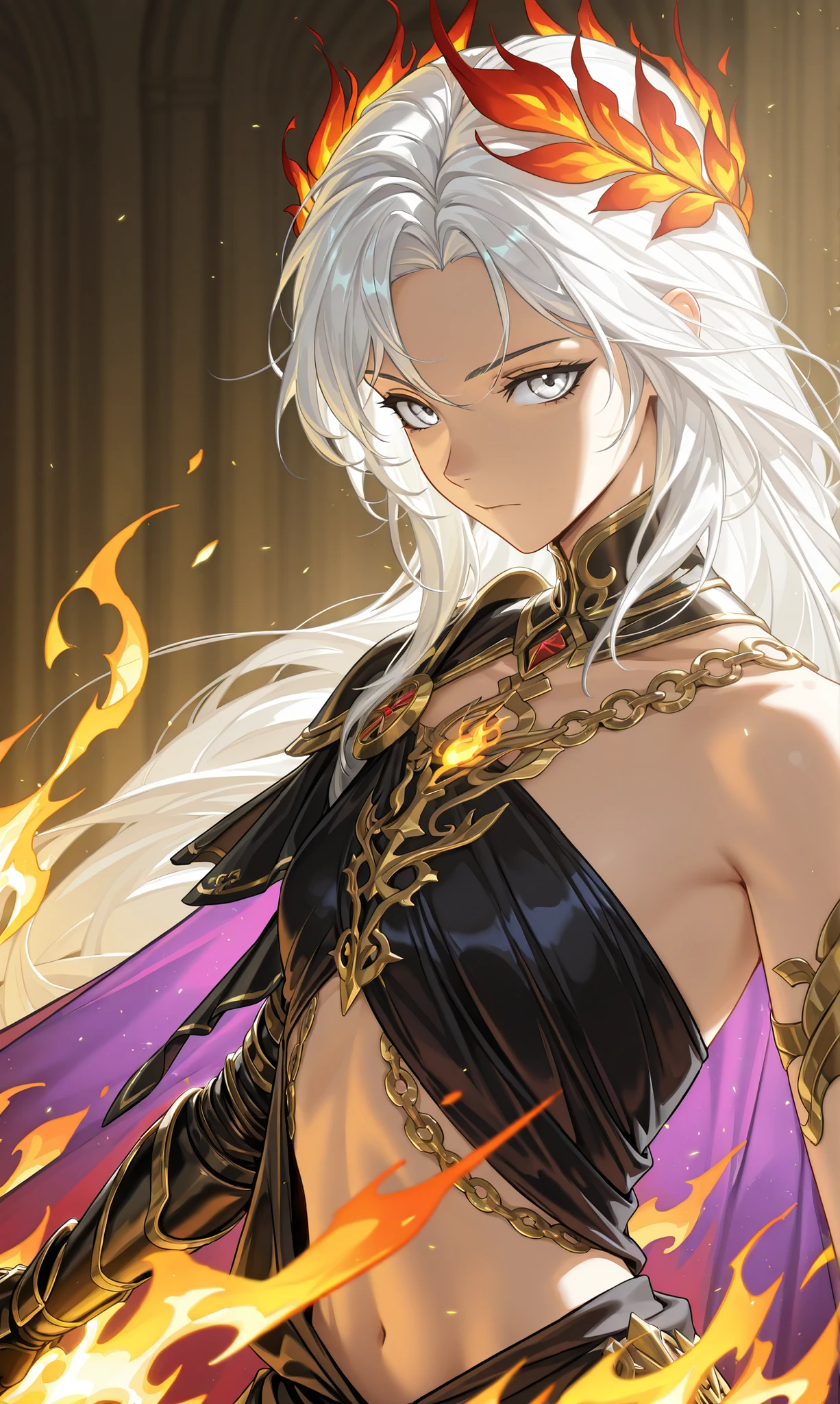 (upper body focus, portrait, close up shot:1.22), dynamic pose, three quarter shot, looking at viewer, mature, 1girl, solo, mature, masterpiece, best quality, amazing quality, very aesthetic, high resolution, ultra-detailed, dramatic lighting, absurdres, scenery, golden aura, golden flames, white flames, (Senti, Herrscher of Sentience, FuHua, Fol005, Fh_Hos:0.73), flat chest, white hair, white eyes, gray eyes, silver eyes, carapace, shoulder cape, centurion, exposed stomach, asymmetrical clothes, exposed shoulder, dark red and black fantasy armor, black dress with golden trim, gold accents, (synthetic armour, nanoweave:1.14), (greco roman dress, greek dress:1.4), wielding greatsword, bloody red scimitar, warrioress, priestess, laurel crown, glowing cape, cosmic weapon, asymmetrical clothes, SSR Gacha character, villainous, ornate clothes, (flame sword summons, cosmic sword:1.6), astral sword, deep blue purple pink and gold sword,