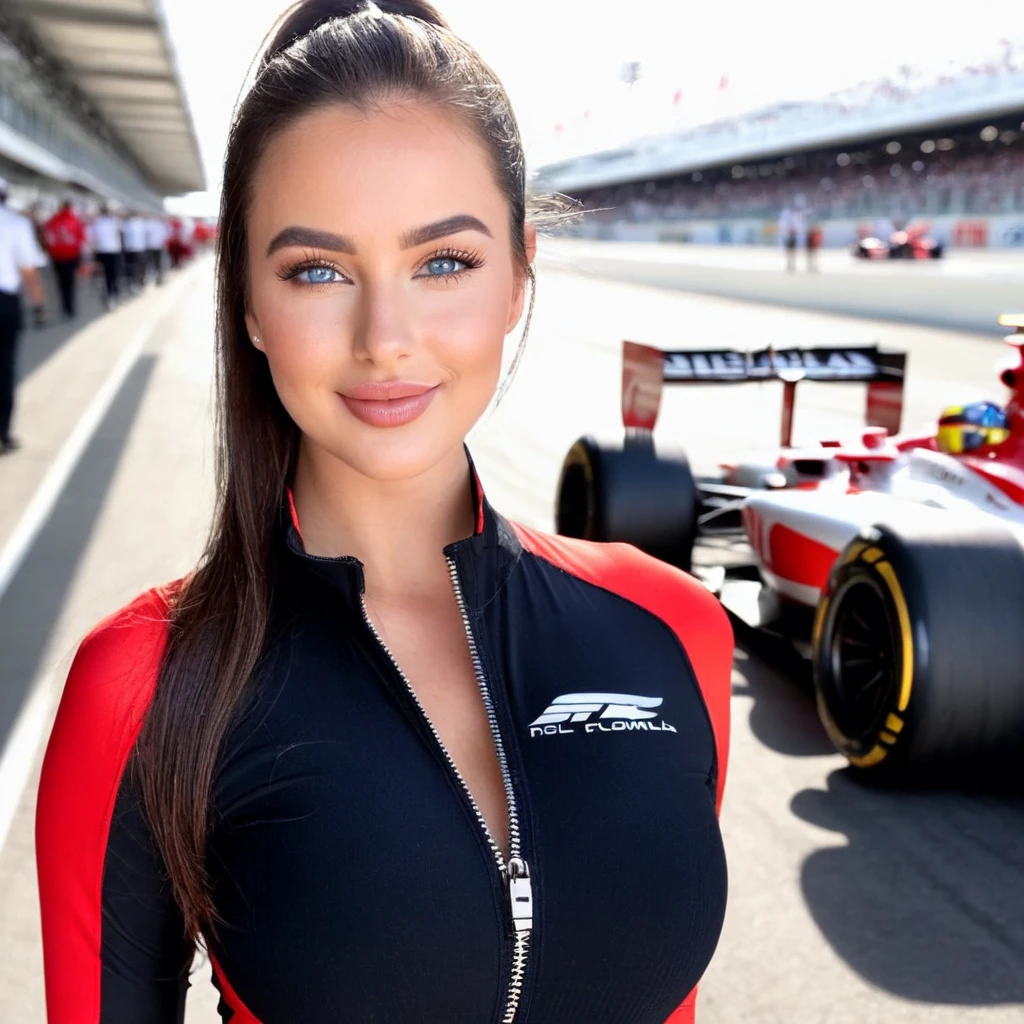 beautiful detailed eyes, beautiful detailed lips, extremely detailed eyes and face, long eyelashes, 1 girl, sexy formula 1 pit girl, voluptuous curves, on formula 1 racetrack, race cars, tight black and white checkered bikini, round breasts and big ass, pit girl waving checkered flag, high quality, 4k, 8k, highres, masterpiece, ultra-detailed, realistic, photorealistic, photo-realistic, HDR, UHD, studio lighting, ultra-fine painting, sharp focus, physically-based rendering, extreme detail description, professional, vivid colors, bokeh, concept art, hyper detailed