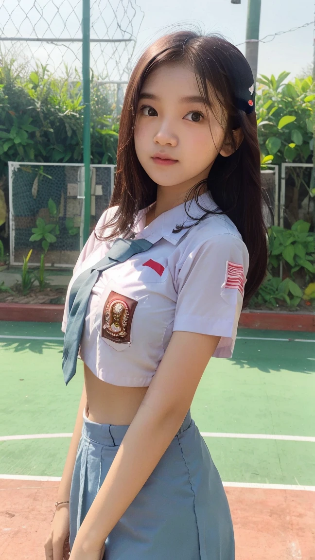 ((best quality)), ((masterpiece)), (detailed), perfect face, masterpiece (best quality, working: 1.0), absurd, high resolution, highly detailed, HD resolution 32k, 16k, 8k, focused, original, real, confident details, cinematic scenes, detailed backgrounds, vivid, dynamic angles, natural, very detailed, 13 year old female student, junior high school student, Indonesian junior high school student, (very beautiful, innocent, cute, natural, dimples, very detailed), seductive smile, wearing Indonesian INDONESIAN (SMP uniform), white uniform, blue skirt old, wearing a blue tie, long braided hair, sitting: straddling a tree trunk (in front of a tent, tent, camping, tea plantation, afternoon, camping in a tea plantation, thighs open, legs open, skirt open, underwear visible: (underwear with details clearly visible), (pink panties, smooth, plain, virgin, sexy, very detailed)