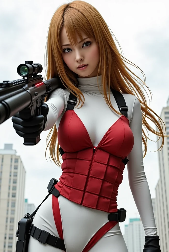 (a lovely woman in cosplay as Cowboy BeBop Fay Valentine with red hairband,holding a pistol),comic convention,illustration,cartoon style,high saturation colors,beautiful detailed eyes and face,long red hair,smiling expression,casually dressed,unique clothing,futuristic setting,excited atmosphere,vibrant background,cosplayers in other costumes,eye-catching,attention-grabbing,interactive environment,cosplay contest,creative make-up,playful poses,dynamic composition,energetic poses (best quality,4k,highres:1.2),ultra-detailed,realistic,artistic lighting,strong contrast,shaded areas,pop art style,comic book feel,sharp lines,stylized characters,brilliantly colored,animated experience,stylized scenery,happy vibes)