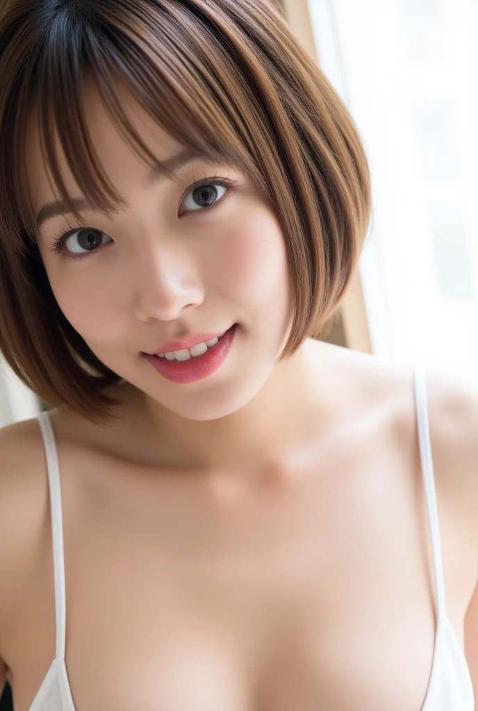 (8K highest image quality)、(beautiful)、Accurate Eyes、Fine skin、22-year-old female、Brown eyes、Soft looking breasts、Brown Hair、looking at the camera、全naked、Semi-short hair、naked、smile、Leaning forward、Showing nipples、bangs、bed、Precision nipples、Full view of 、Shoot from above