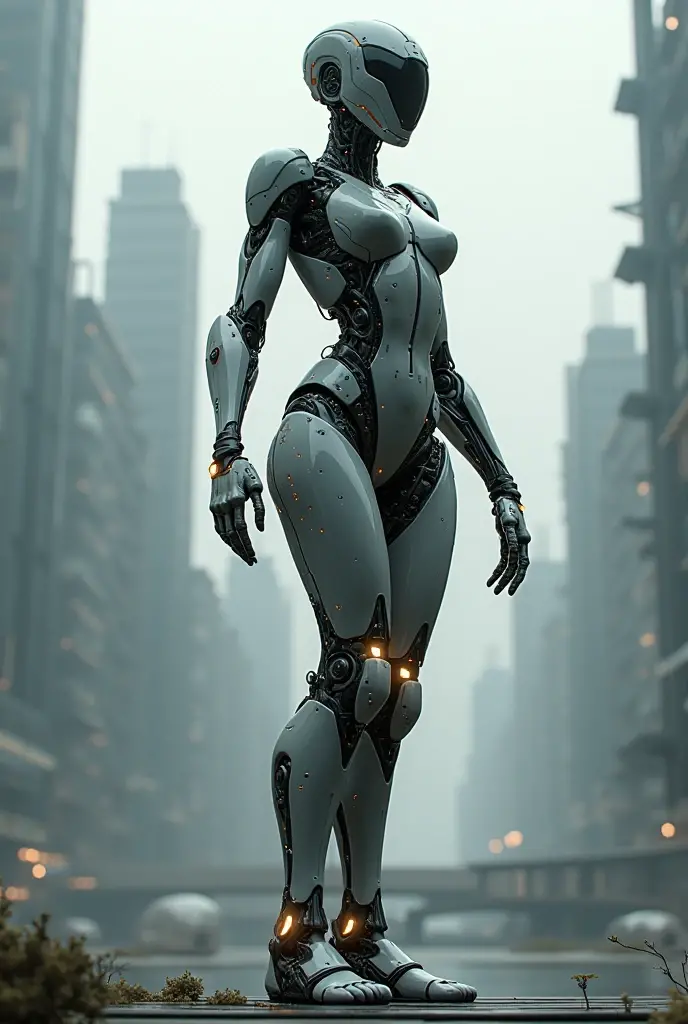 Cyborg in the big city, high quality, absurdres, masterpiece, beautiful, intricate details, 1/2 body crop, slim body, beautiful figure, magnificent anatomy, (intricate details:1.12), HDR, (intricate details, hyper-detailing:1.15), (natural skin textures, hyper realisitc, soft light, Sharp:1.2)