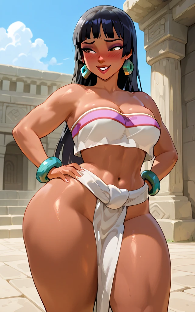 (masterpiece, best quality:1.2), Kisou, Cel-Shading, Thin Lineart, Soft Shading, Film Grain, 1girl, solo, smile, looking at viewer, bangs, black hair, dynamic pose, closed mouth, huge breasts, mature female, loincloth, tube top, bracelet, full body, earrings, brown eyes, midriff, dark skinned female, wide hips, collarbone, cleavage, <lora:chel_eldorado:.8>  <lora:Kisou Artstyle Lora:.8>