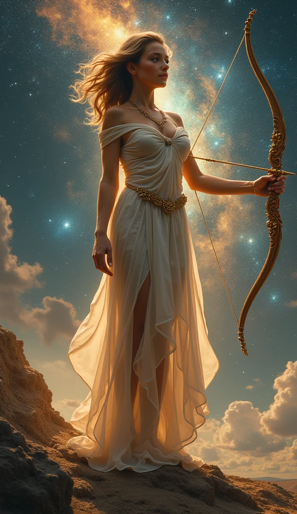 A woman flies in the sky with a crescent moon, Such as bow archery，a backdrop of：White clouds under your feet，Above are the endless cosmic stars，celestial goddess, author：Tim and Greg Hildebrandt, author：greg hildebrant, venus goddess, The goddess of the hunt and the moon, goddess of space and time,cosmic goddess
