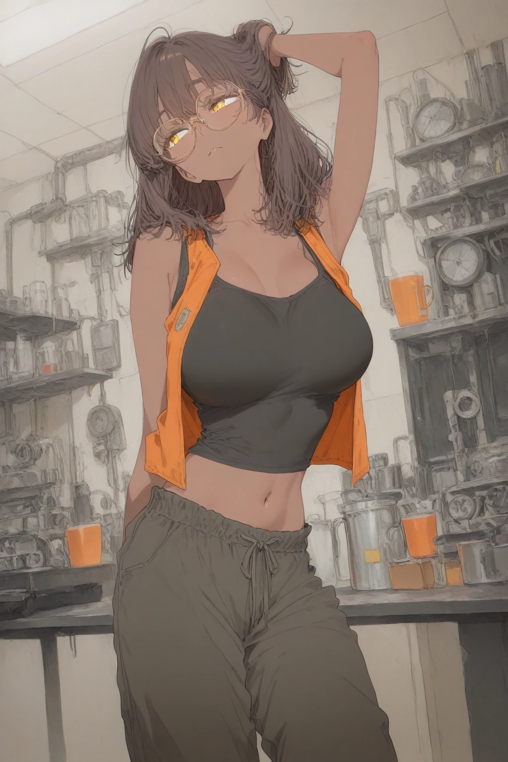 (16k,masterpiece, best quality,beautiful and aesthetic, professional illustrasion, ultra detailed, perfect lighting, incredibly absurdres :1.5) , 1girl , (, standing side split : 1.6),  (in the  convenience store : 1.3),
 (high neck crop tops  : 1.5),  (covered nipples : 1.3) ,(  yoga pants: 1.3),  (navel), shoulders, sleeveless,  eyelashes,  oily skin, embroidery,
  (camel toe : 1.4),  short hair,  (blush, embarrassed, orgasm : 1.2), sweating, 
 <lora:shizukazom100 v3:0.3>shizukazom100, 1girl, short hair, dark purple hair, bangs, hair ornament, hairclip, pink eyes, white pupils, medium breasts, collarbone