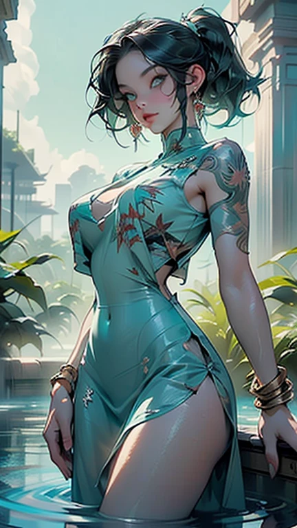2females，35yo，熟妇，long leges，Big breasts Thin waist，Slim，huge-breasted ，Pornographic exposure， 独奏，（Background with：bamboo forrest，lotuses，lotus flower，exteriors，grassy fields） She has short black hair，standing on your feet，Two women hugging from behind，Sweat profusely，drenched all over the body，seen from the front， hair straight， mostly cloudy sky，（（（tmasterpiece），（Very detailed CG unity 8K wallpaper），best qualtiy，cinmatic lighting，detailed back ground，beatiful detailed eyes，Bright pupils，Black eyes，Redlip（Very fine and beautiful），（Beautiful and detailed eye description），ultra - detailed，tmasterpiece，）），facing at camera，A high resolution，ultra - detailed），revealing breasts，Bare genitalia，  Bulge，legs are open，Raised sexy，Camel toes，Flushed complexion，Open-mouthed，frontage，high school senior，（Wearing：Blue cheongsam，Bare breasts，）