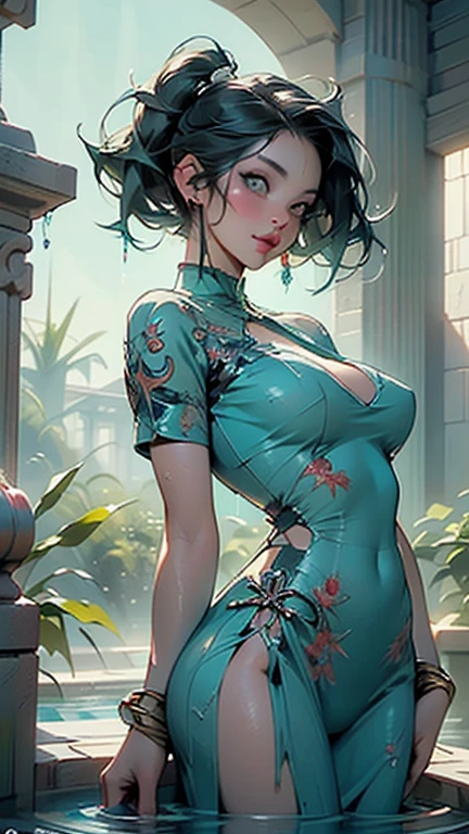 1girl, elegant erotic beautiful girl, big breasts, ((short orange hair)), green ribbon in hair, maxi dress, adultery, indecent, vulgar, Nakano Yotsuba, intricate details, delicate facial features, beautiful blue eyes, ulzzang, long eyelashes, small nose, full lips, porcelain skin, natural lighting, warm color palette, chiaroscuro lighting, dramatic shadows, sensual, alluring, mature themes, artistic, dreamlike, ethereal, ((arms behind back)), thigh highs, ((white panties)), sideboob, cleavage, looking at viewer, ulzzang, (blue eyes),