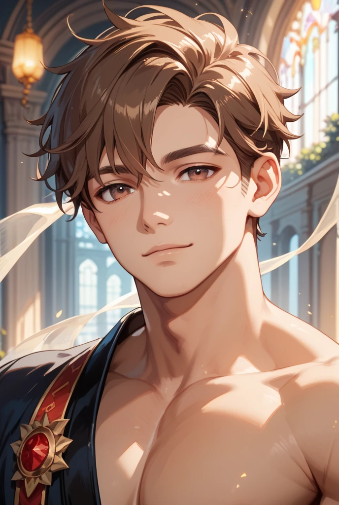 Portrait of a beautiful boy of 17 years, he holds a balance, justice, studio, light brown hair, almond-shaped eyes, bodybuilder, naked torso, white Roman toga, face with European features, fine facial features, beautiful body, sculpture-like body Greek.