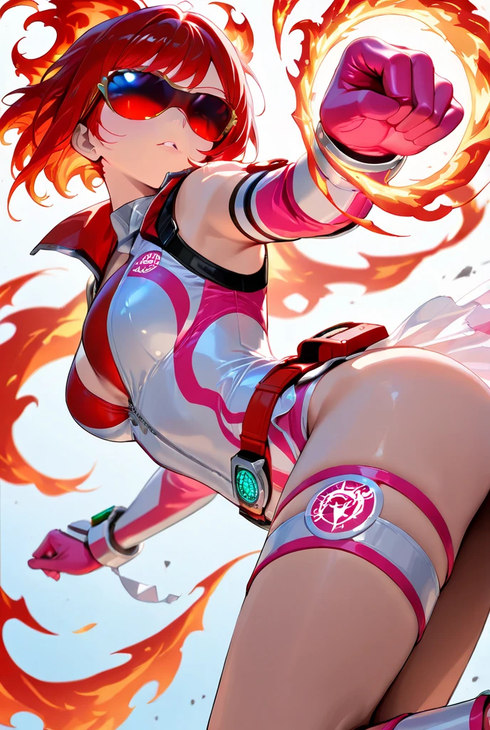 (Close-up:1.3),Realistic,highest quality, Ultra Detail, High-quality CG rendering, The most delicate and beautiful, Floating softly, High resolution, (1 girl), (Highest quality,4K,8K,masterpiece:1.2),(All red hair:1.5), (Short ponytail:1.5),(Red eyes:1.5), (Ultra Girl:1.0), (All red Ultraman bodysuit:1.4),(Slightly larger breasts:1.5),(Red gloves:1.3),(Red Shoes:1.3) ,(whole body:1.3),(punch the viewer:1.4)