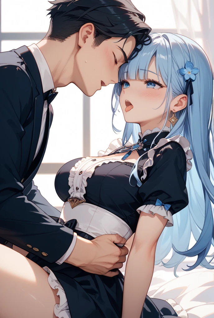 score_9, score_8_up, score_7_up, source_anime, masterpiece,1boy and 1girl , A busty maid gives a blowjob to a busty futanari demon girl