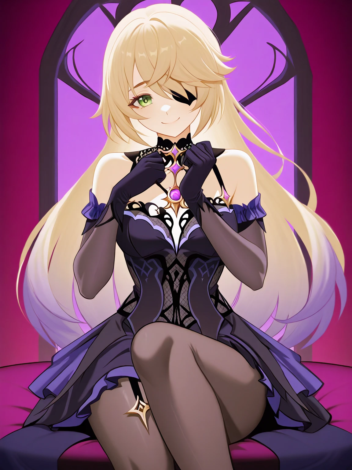 An anime character who wears a woman in a black dress, Blonde anime girl with long hair, seductive anime girls, Anime girl wearing black dress,Bismarck, ecchi anime style, pin on anime, The anime girl is named Bismarck, anime style like fate/stay night, anime best girl, anime woman fullbody art, Anime goddess