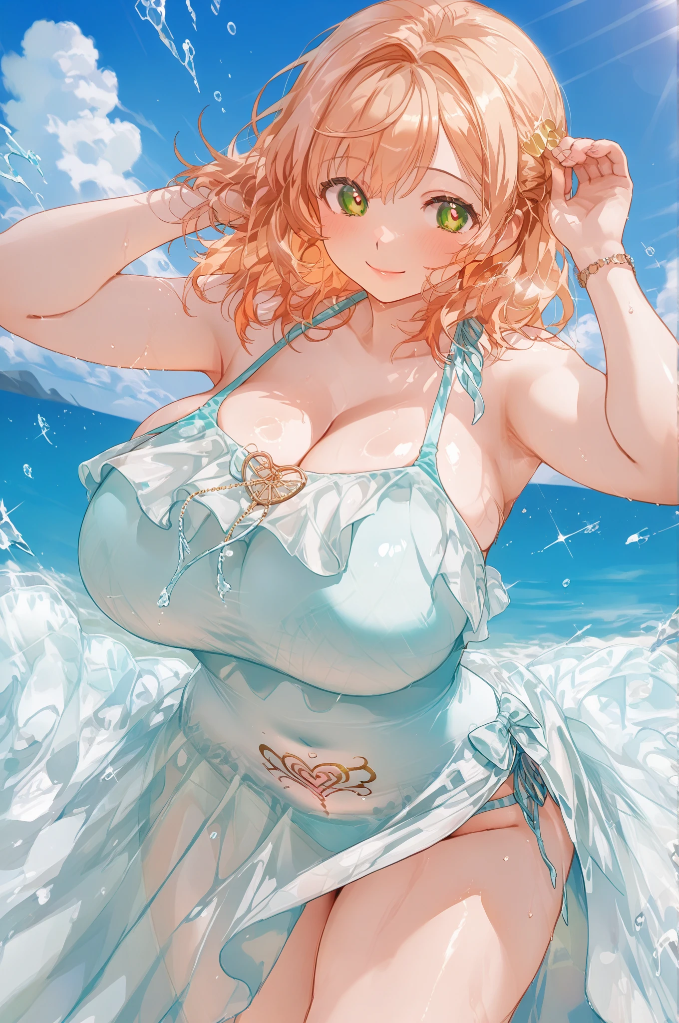 Anime illustration、highest quality、Short Idol、Ethnic costumes、Sandy Beach、Princess Zelda、Perfect proportions、overwhelmingly big breasts、Beautiful, shining eyes、Blushed、smile、Cowboy Shot