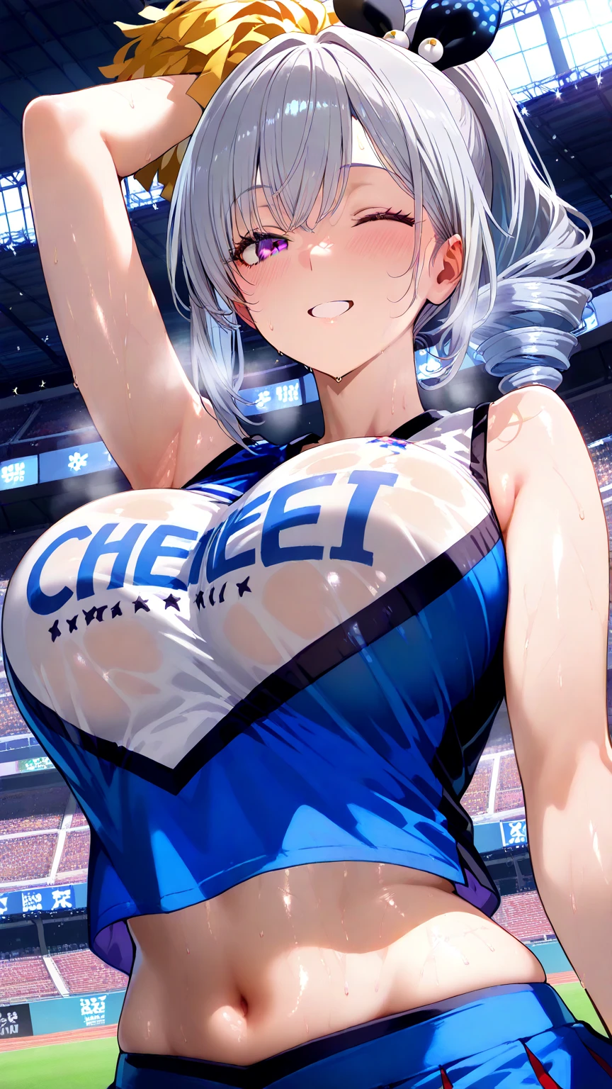 (masterpiece、Highest quality、))、ultra-detailed、girl , Gray Hair、Ahoge、Long Hair、pale skin, Blue eyes、ponytail 、big breasts、blurry background、bashful、pinup,adjusting clothes, cheerleader、Sports field、School building、sweat,windy,floating hair、floating skirt, wet clothes, see-through, cleavage, heart cutout, skirt lift,Panty shot、String Panties、Nipples、underboob, tanned skin 、bikini tan、leaning forward、