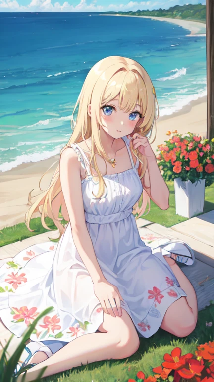 a beautiful girl with blond hair,wearing a white dress,sitting on a beach near the ocean,serene expression,sunlight shining on her face,detailed facial features,detailed clothing,detailed sand and ocean waves,best quality,4k,8k,highres,masterpiece:1.2,ultra-detailed,realistic,photorealistic,photo-realistic:1.37,studio lighting,vivid colors,natural lighting,serene landscape,peaceful atmosphere