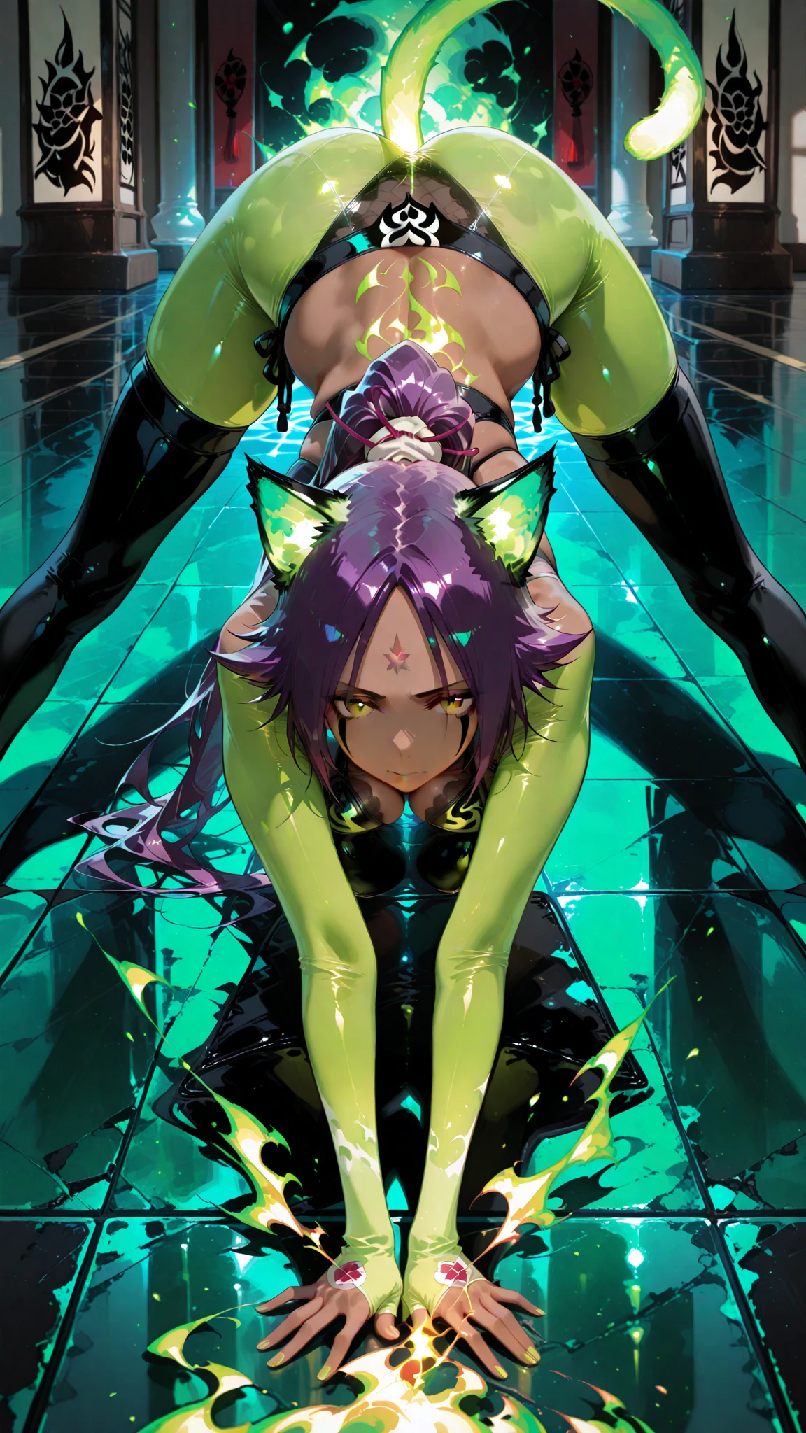 ((Girl fused with tentacles. Tentacles extending from behind)). Latex bodysuit. Cyber Costume. Taimanin suit. Hanging using tentacles. natta. Invincible smile. Mucous bodysuit. Inorganic background. Stick to the wall. facing front. Luminescent sphere of the chest