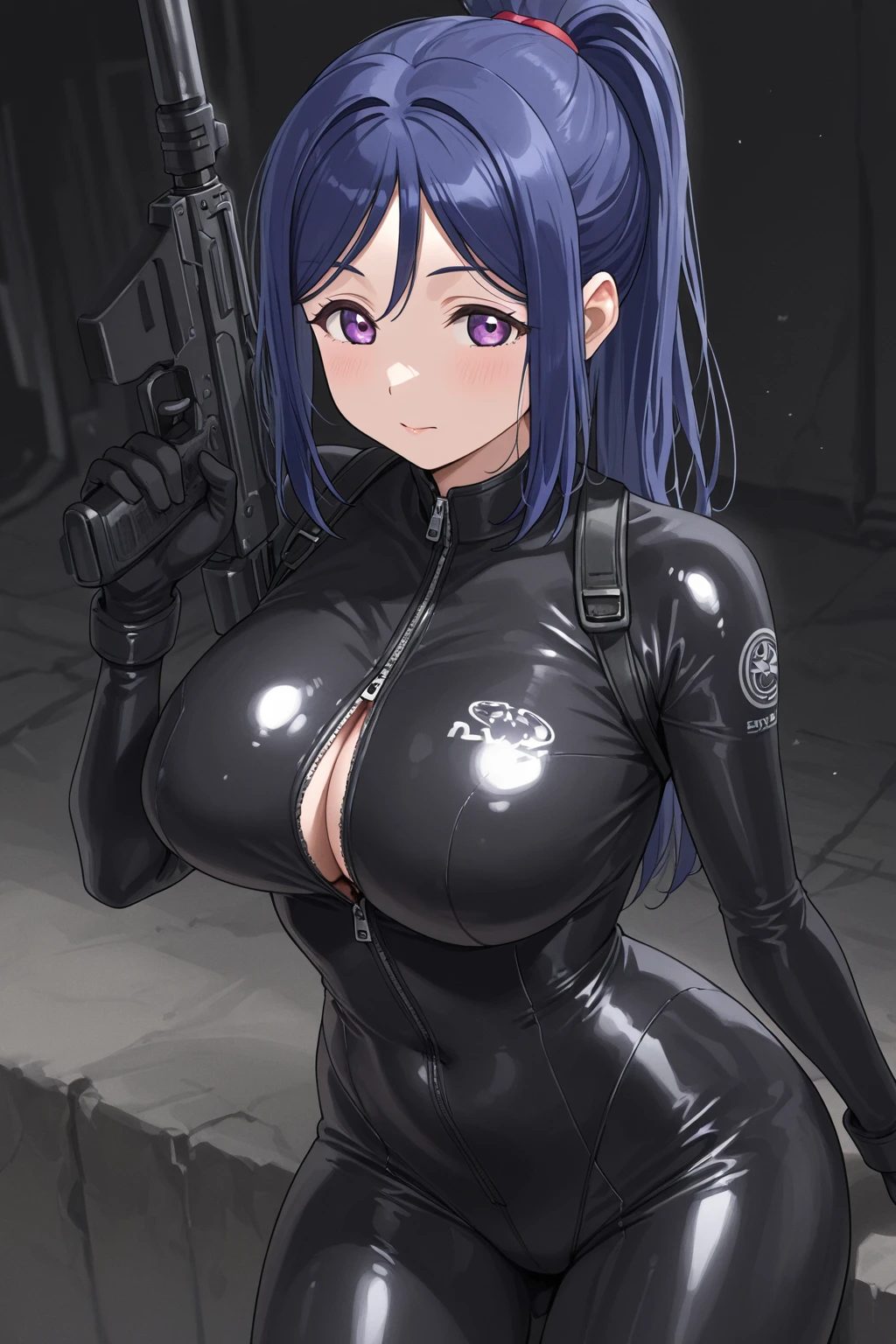A girl with big breasts, Blue Cyberpunk style clothing