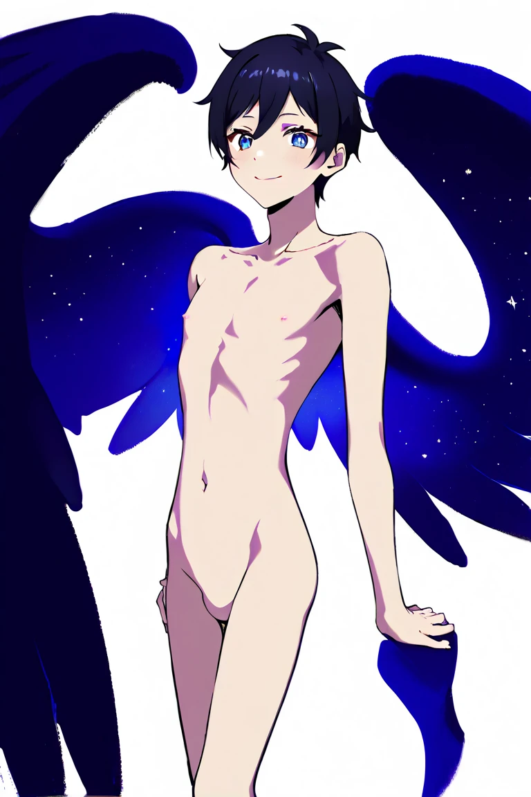 Wanderer smiling softly, half lidded eyes, body shot, bedroom, indigo hair, glowing eyes, bottomless, cuntboy, boy with pussy