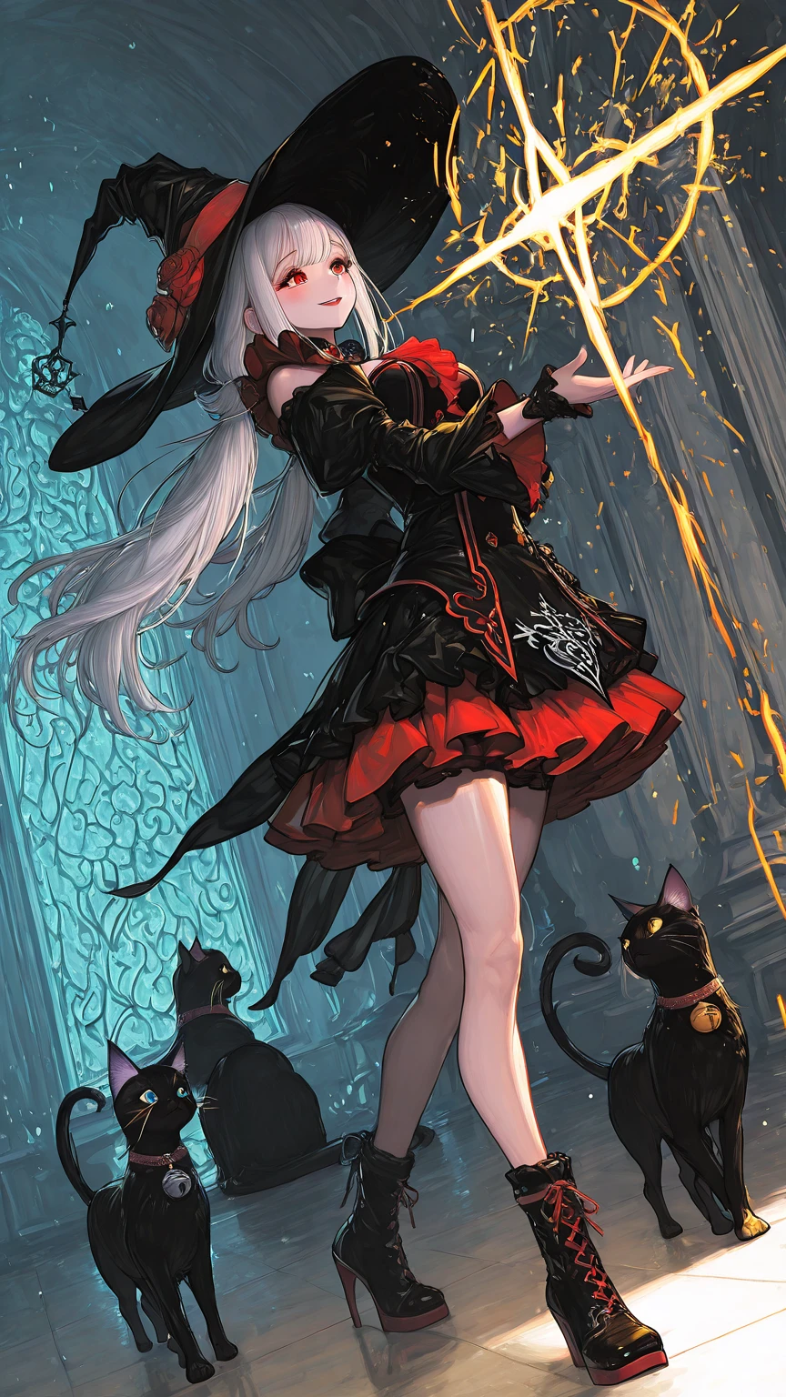 origin, 1girls, 独奏, arm up, chain, book, Cat tail, Long sleeves, look viewer, Pantyhose, artistname, Black gloves, red pantyhose, boots, mitts, Dress, Black footwear, Standing, Black dress
