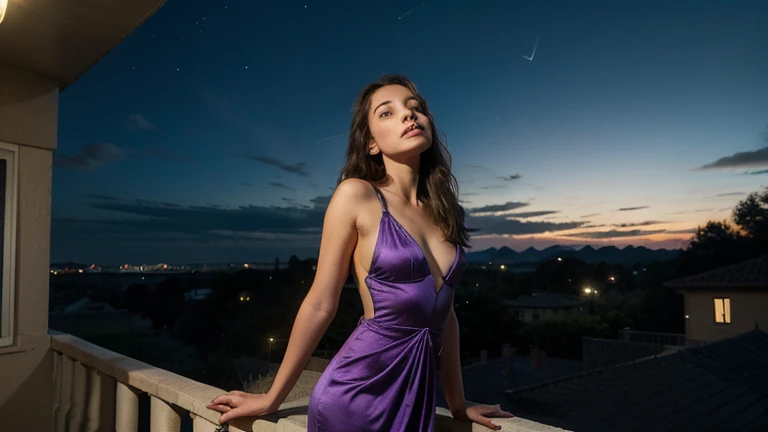 ((only one girl)), ((one girl)), Hanna, a 21 year old girl, 1.70 meters tall, weighs 49 kg, has very long and straight dark purple hair, has big green eyes, wears gold earrings and bracelets , always has a smartwatch on wrist, on the terrace at night looking at the starry sky, wearing a red dress, ((hands on legs)), ultra realistic style, ((seed 3978045937))