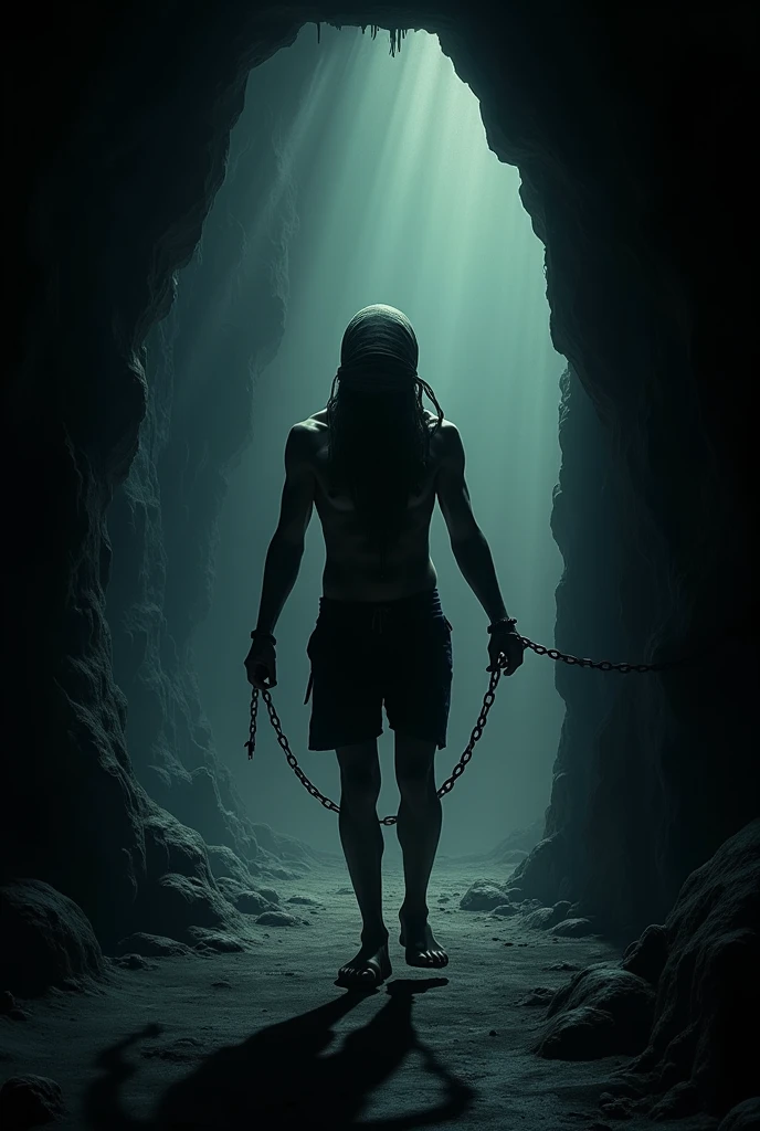 A person in a cave that has chains at their neck, both of their arms and one ankle looking above the unreachable light at the entrance of the cave that is high above
