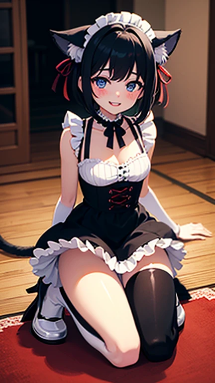 araffe girl with black hair and blue eyes posing for a picture, pink twintail hair and cyan eyes, belle delphine, kawaii realistic portrait, portrait of magical lolita girl, tokisaki kurumi, with black hair, portrait of magical girl, anime girl cosplay, anime girl with cat ears, anime inspired, flowing black hair, cute girl with short pink hair