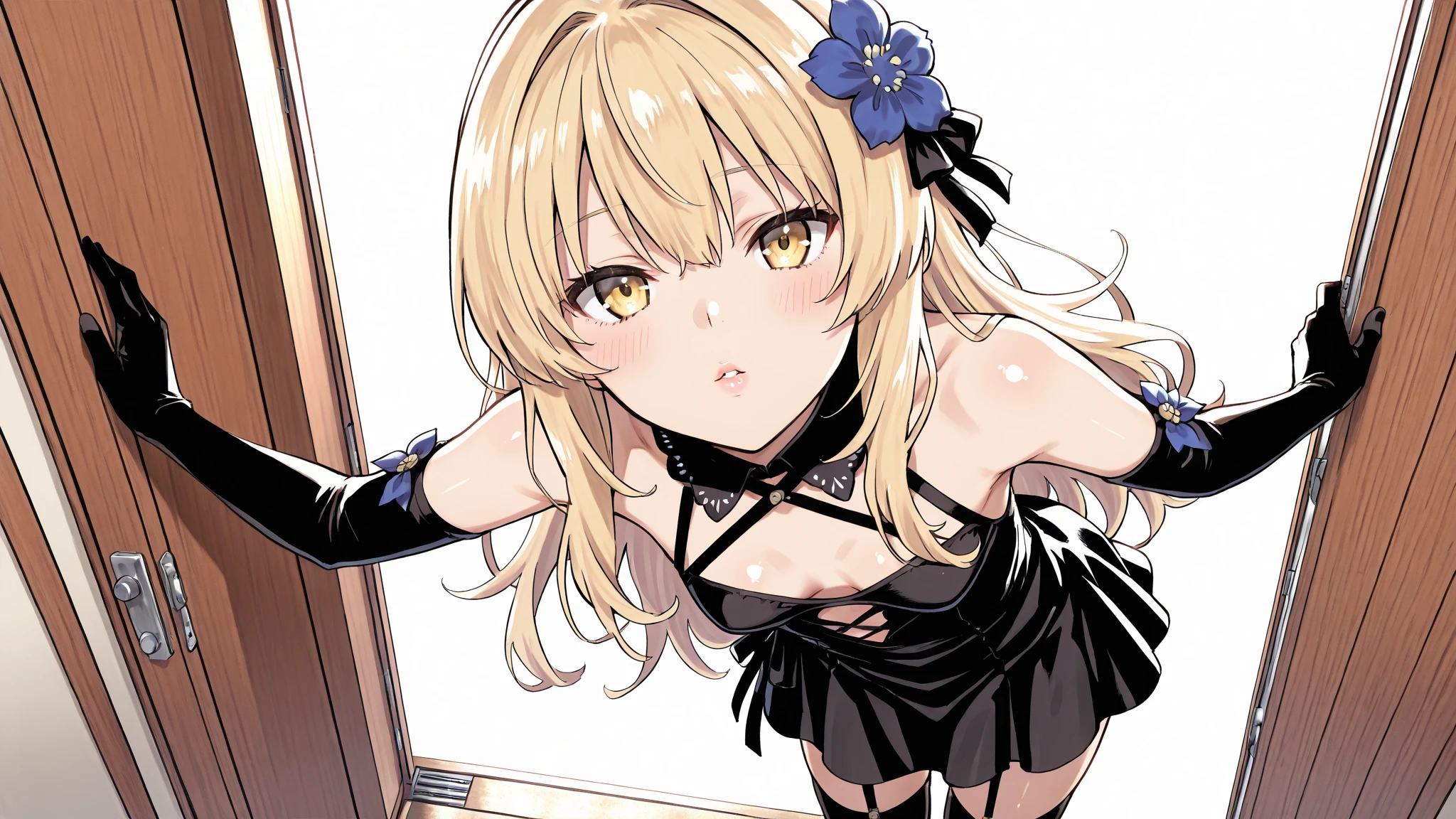 masterpiece, Highest quality, (anime screencap:1.3),(shape), cute,(Simple:1), (anime:1.2),Solo Sharp Focus, 1 Girl, Looking at the audience, (NSFW1.1),Japan,Love Hotel,bed,Leaning forward,blonde,((mini skirt)),on all fours,back view, on all fours,Twin tails,summer ,Cleavage((Black Gothic Costume)),Red ribbon,Gothic,,Black Lolita Fashion,Gothic Bonnet,Hair Ribbon,Cowboy Shot,Daytime,,,Large Breasts,,（Absolute region 1.1),（Braided Boots 1.1),Browsing Caution,