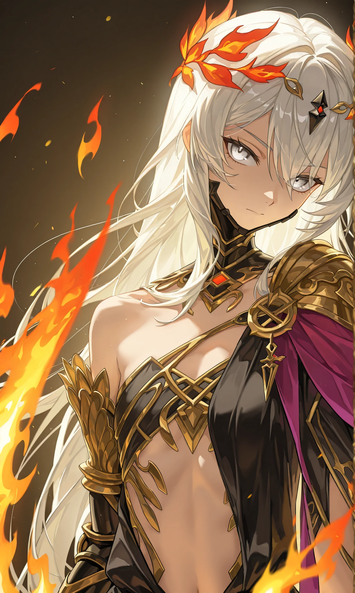 (upper body focus, portrait, close up shot:1.22), dynamic pose, three quarter shot, looking at viewer, mature, 1girl, solo, mature, masterpiece, best quality, amazing quality, very aesthetic, high resolution, ultra-detailed, dramatic lighting, absurdres, arrogant expression, head tilt up, jawline, scenery, golden aura, golden flames, white flames, (Senti, Herrscher of Sentience, FuHua, Fol005, Fh_Hos:0.73), flat chest, white hair, white eyes, gray eyes, silver eyes, carapace, shoulder cape, centurion, exposed stomach, asymmetrical clothes, exposed shoulder, dark red and black fantasy armor, black dress with golden trim, gold accents, (synthetic armour, nanoweave:1.14), (greco roman dress, greek dress:1.4), wielding greatsword, bloody red scimitar, warrioress, priestess, laurel crown, glowing cape, cosmic weapon, asymmetrical clothes, SSR Gacha character, villainous, ornate clothes, (flame sword summons, cosmic sword:1.6), astral sword, deep blue purple pink and gold sword,