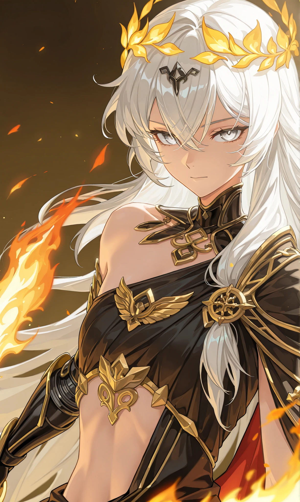 (upper body focus, portrait, close up shot:1.22), dynamic pose, three quarter shot, looking at viewer, mature, 1girl, solo, mature, masterpiece, best quality, amazing quality, very aesthetic, high resolution, ultra-detailed, dramatic lighting, absurdres, arrogant expression, head tilt up, jawline, scenery, golden aura, golden flames, white flames, (Senti, Herrscher of Sentience, FuHua, Fol005, Fh_Hos:0.73), flat chest, white hair, white eyes, gray eyes, silver eyes, carapace, shoulder cape, centurion, exposed stomach, asymmetrical clothes, exposed shoulder, dark red and black fantasy armor, black dress with golden trim, gold accents, (synthetic armour, nanoweave:1.14), (greco roman dress, greek dress:1.4), wielding greatsword, bloody red scimitar, warrioress, priestess, laurel crown, glowing cape, cosmic weapon, asymmetrical clothes, SSR Gacha character, villainous, ornate clothes, (flame sword summons, cosmic sword:1.6), astral sword, deep blue purple pink and gold sword,