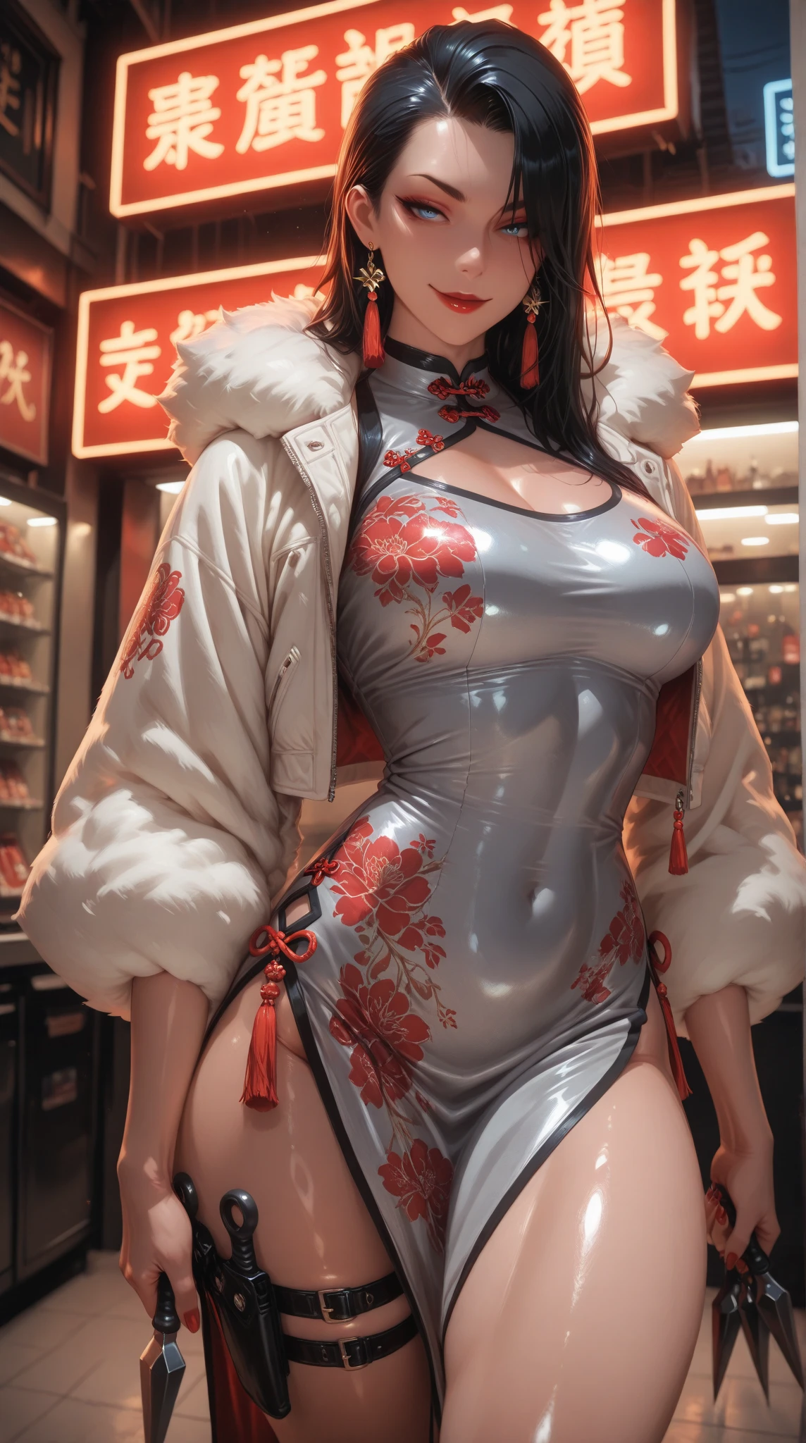 Best quality, masterpiece, ultra high res, raw photo, beautiful and aesthetic,deep shadow, dark theme,(photorealistic:1.4),
1girl, smile, chinese_clothes, in white and red, (huge breast:1.3), cleavage, cyberhanfu, Cheongsam, cyberpunk city, Headdress, cat ears hair ornament, long hair, cyberpunk, a high-tech city, full of machinery and futuristic element, futurism, technology