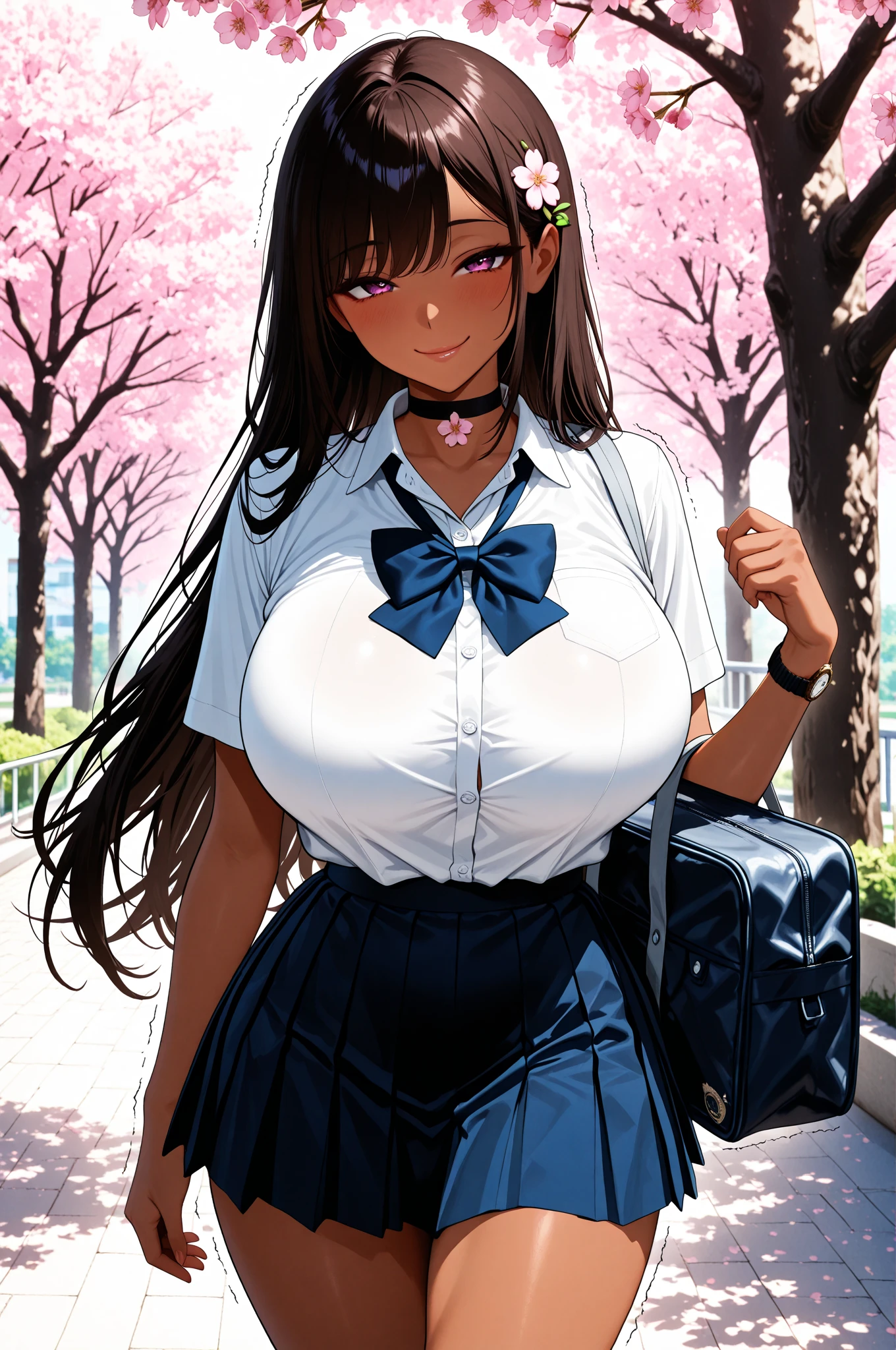 masterpiece, best quality, ultra detailed, 1girl, dark skin, twin tails, pleated skirt, thighhighs, cardigan, show striped panties, skirt fluttering in the wind, put hands hip, 